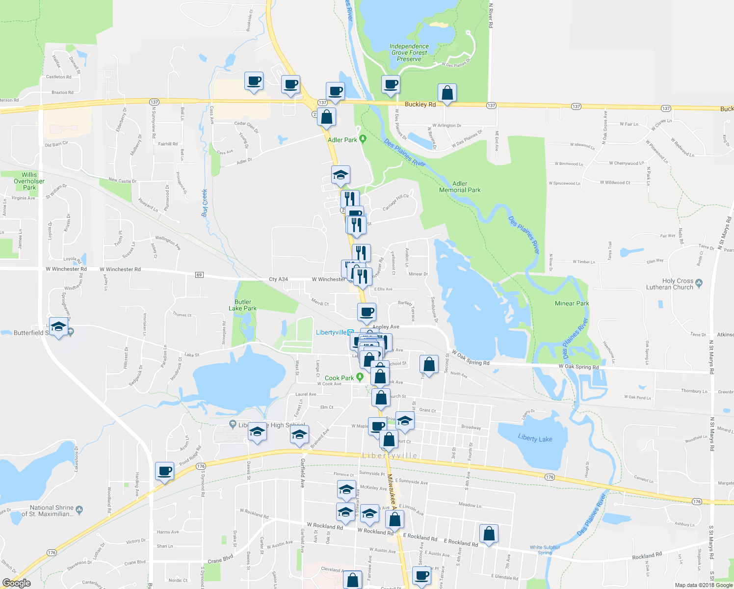 map of restaurants, bars, coffee shops, grocery stores, and more near 122 East Winchester Road in Libertyville
