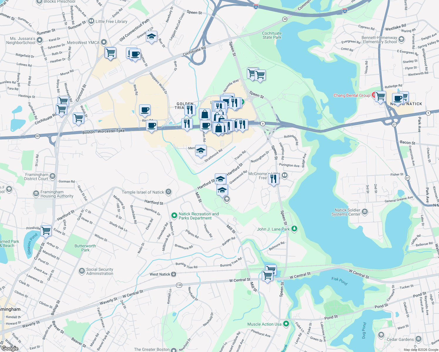 map of restaurants, bars, coffee shops, grocery stores, and more near 81 Hartford Street in Natick