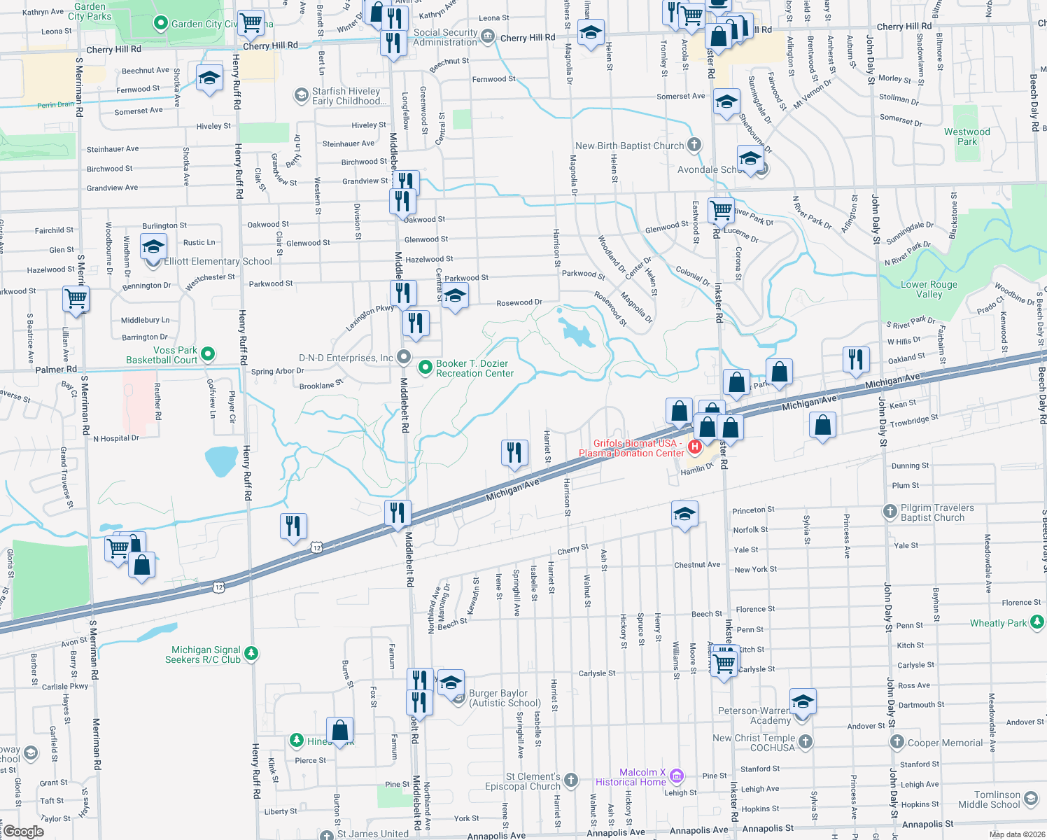 map of restaurants, bars, coffee shops, grocery stores, and more near 2160 Isabelle Street in Inkster
