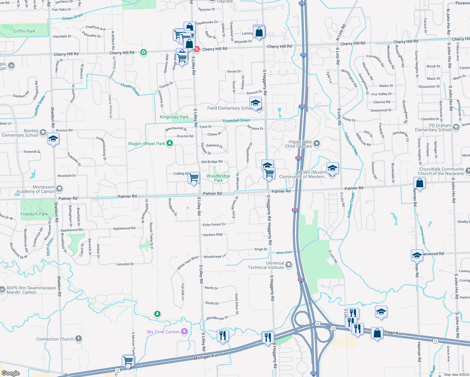 map of restaurants, bars, coffee shops, grocery stores, and more near 1670 Heritage Drive in Canton