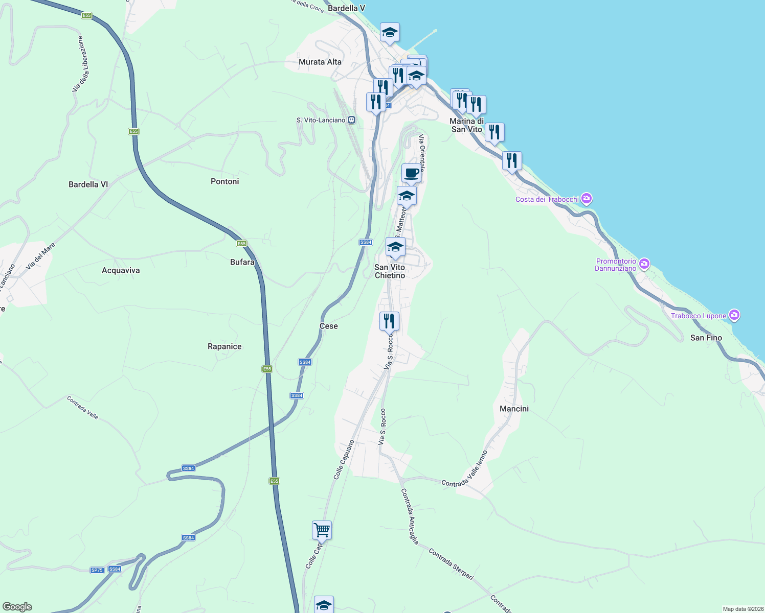 map of restaurants, bars, coffee shops, grocery stores, and more near 64 Via S. Rocco in San Vito Chietino