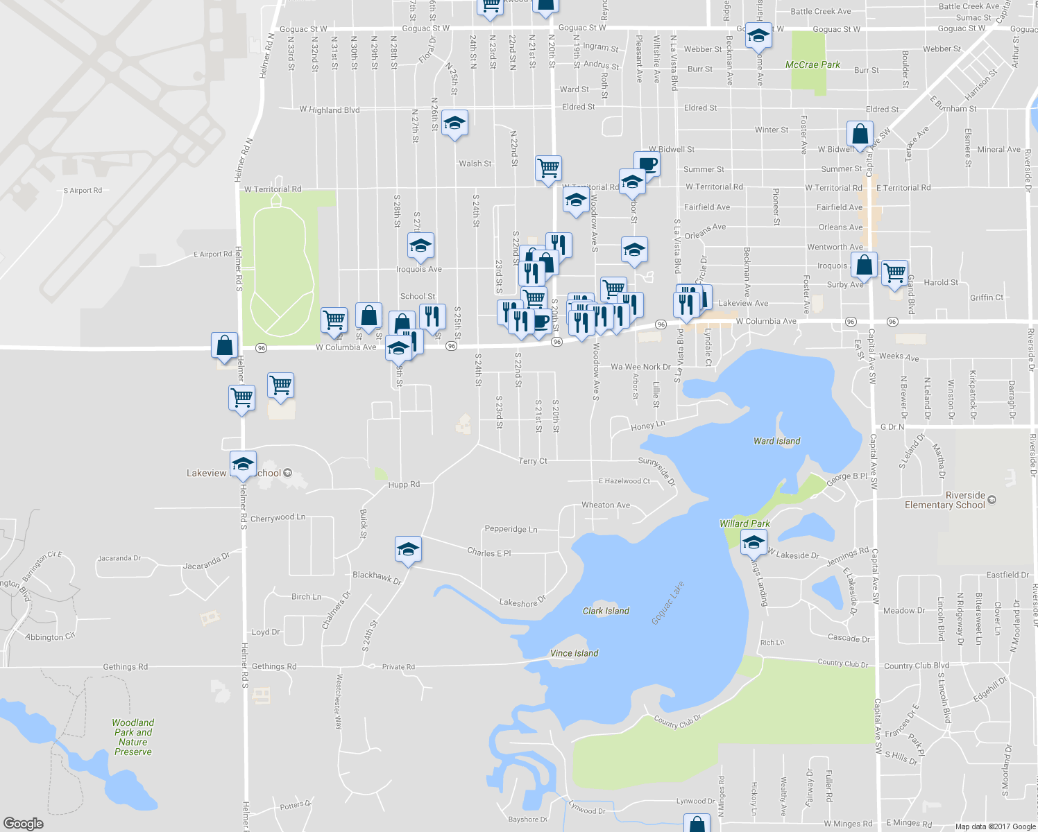map of restaurants, bars, coffee shops, grocery stores, and more near 239 South 22nd Street in Battle Creek