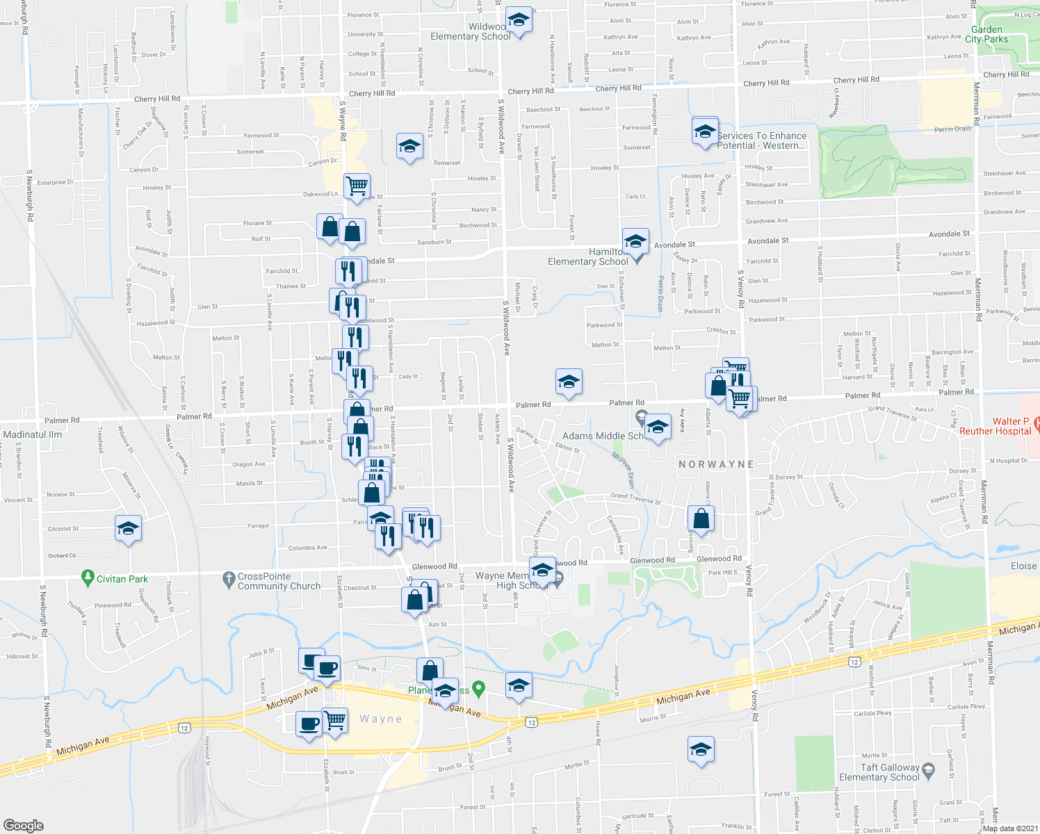 map of restaurants, bars, coffee shops, grocery stores, and more near 1911 Eagle Court in Westland