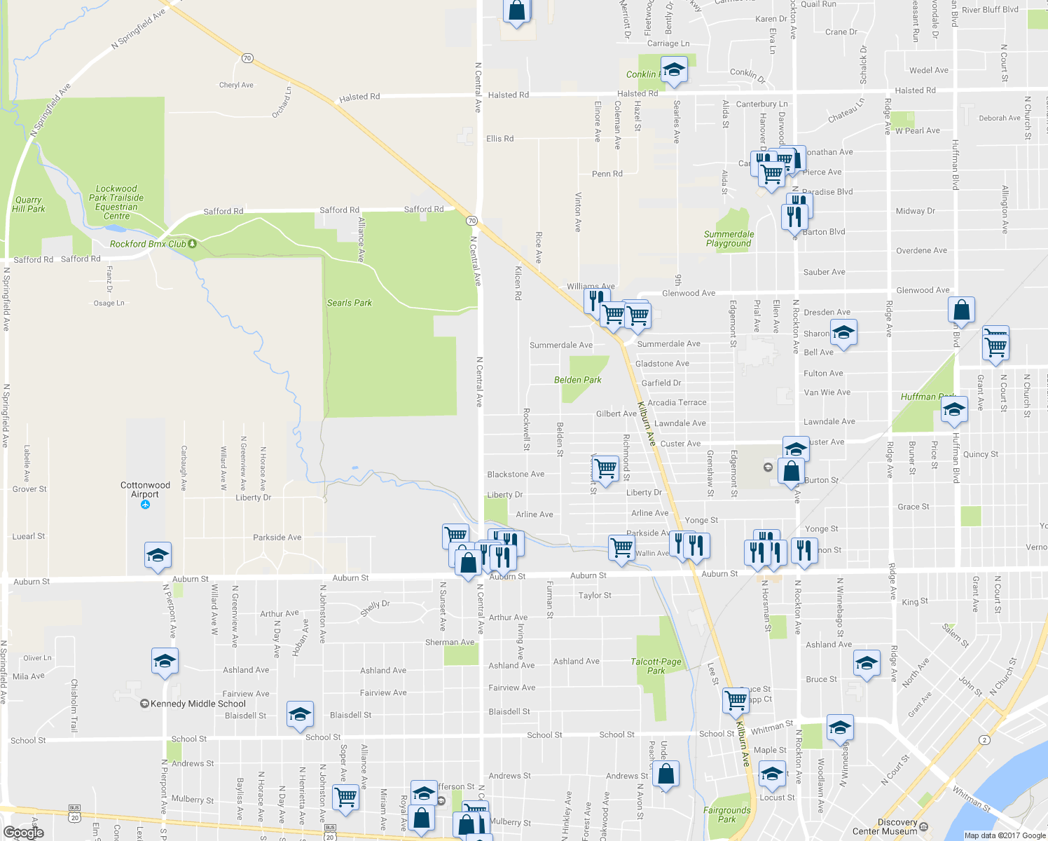 map of restaurants, bars, coffee shops, grocery stores, and more near 2206 Rockwell Street in Rockford