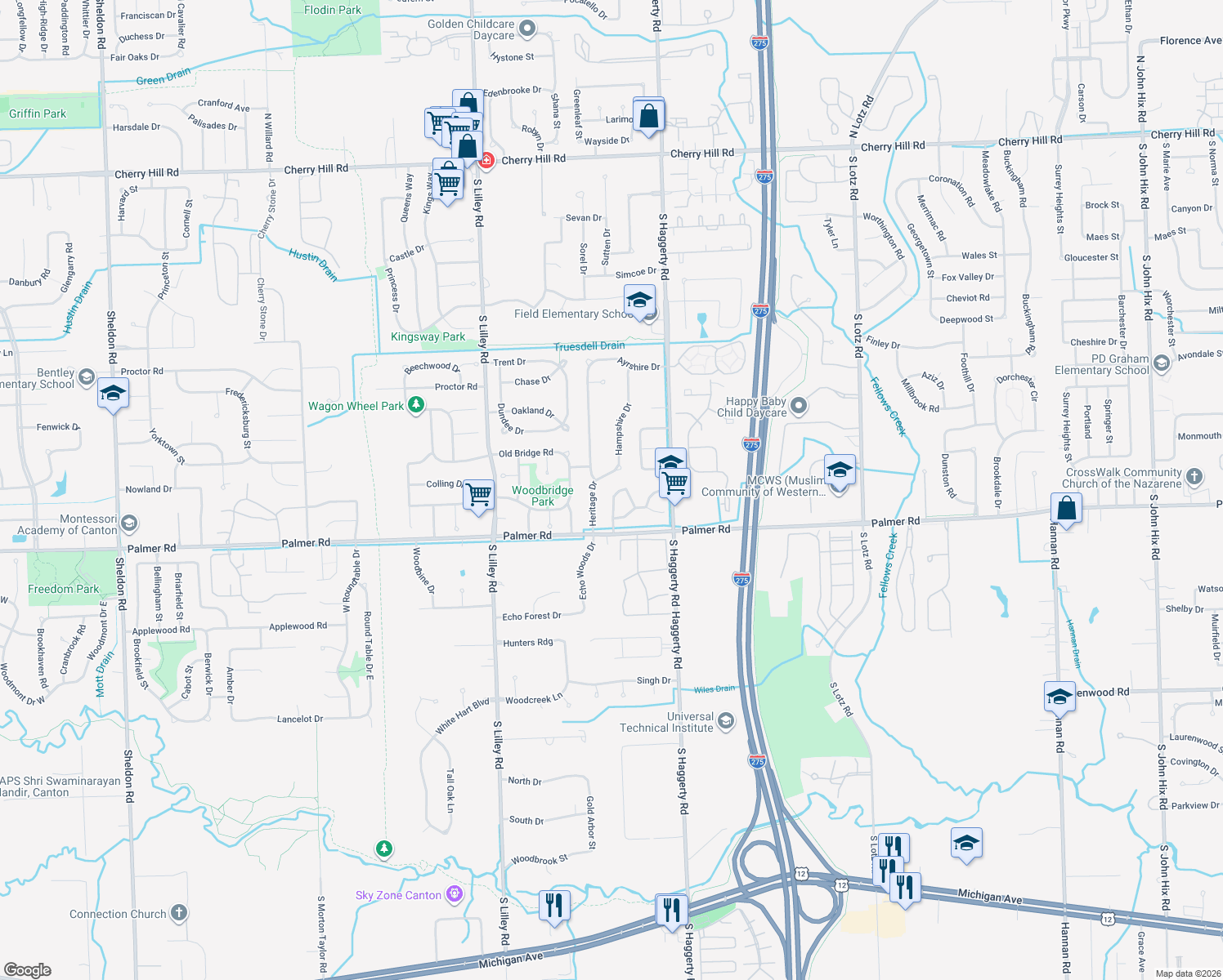 map of restaurants, bars, coffee shops, grocery stores, and more near 1524 Bayberry Park Circle in Canton