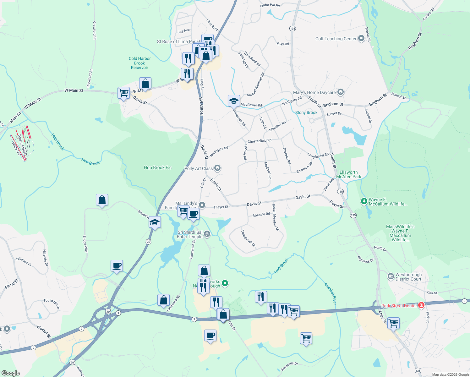 map of restaurants, bars, coffee shops, grocery stores, and more near 58 Hamilton Road in Northborough