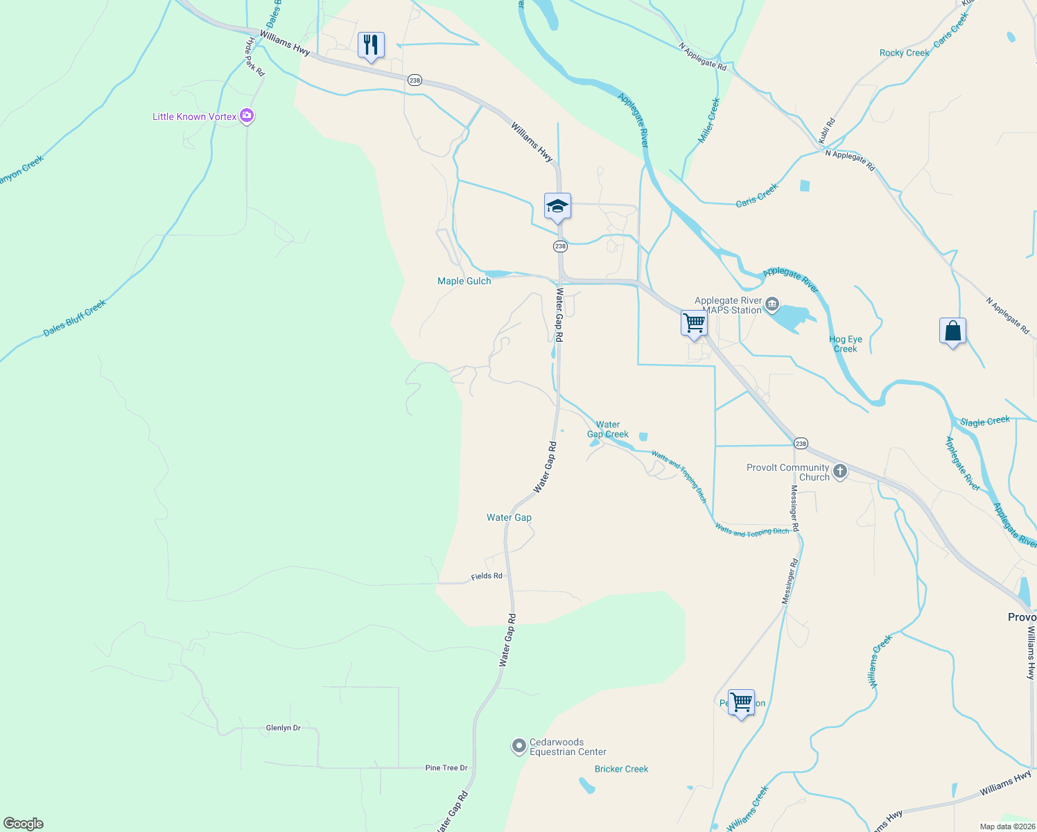 map of restaurants, bars, coffee shops, grocery stores, and more near 355 Woody Acres Drive in Williams
