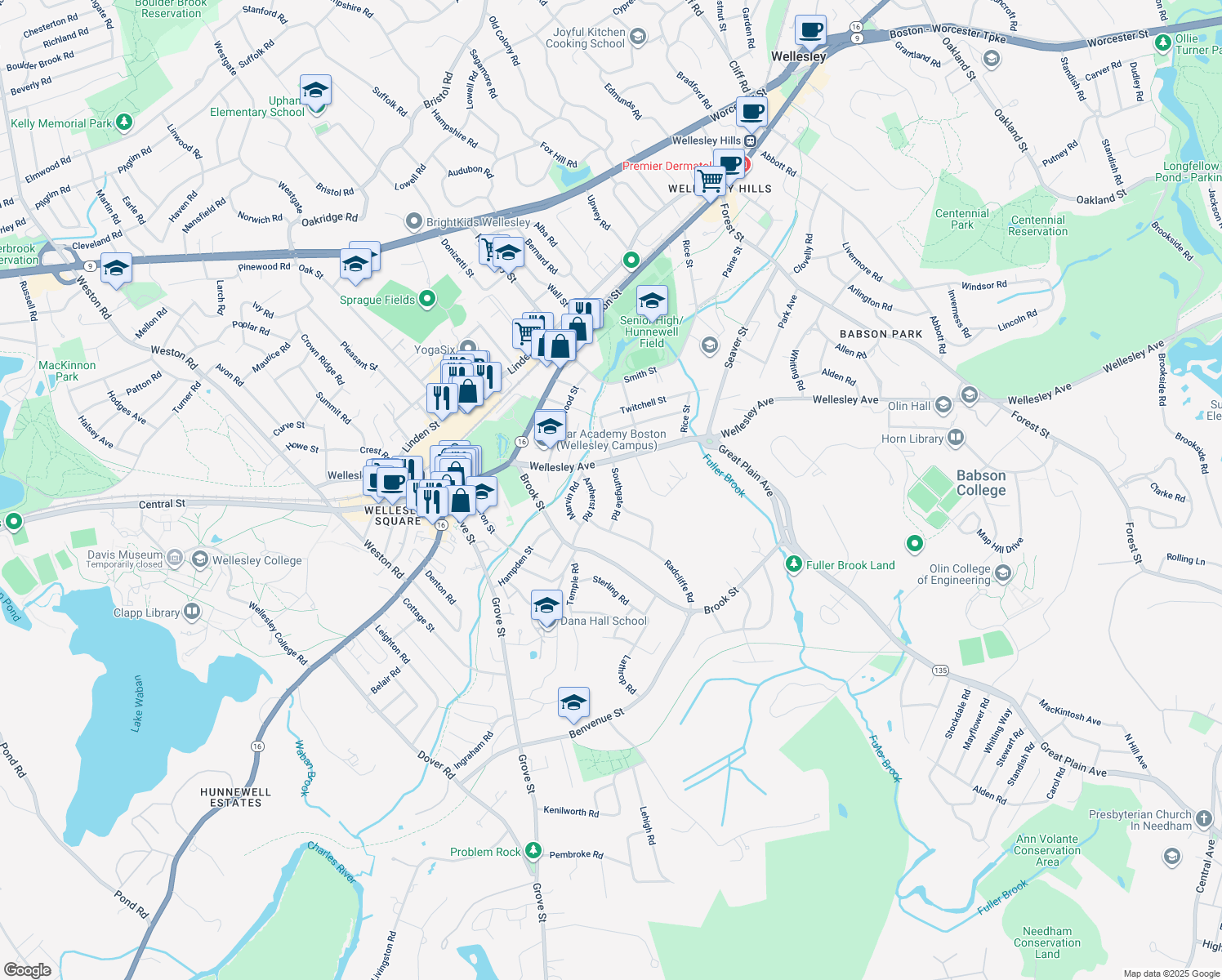 map of restaurants, bars, coffee shops, grocery stores, and more near 15 Southgate Road in Wellesley