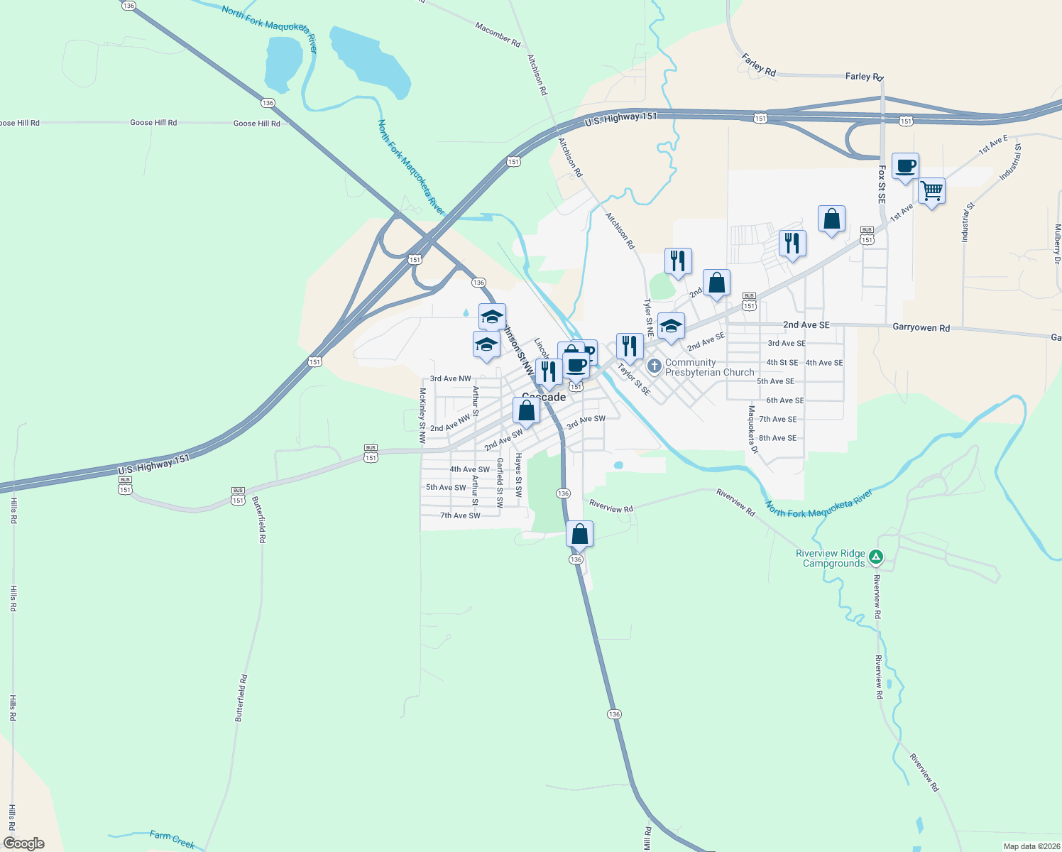 map of restaurants, bars, coffee shops, grocery stores, and more near 198 Grant Street Southwest in Cascade