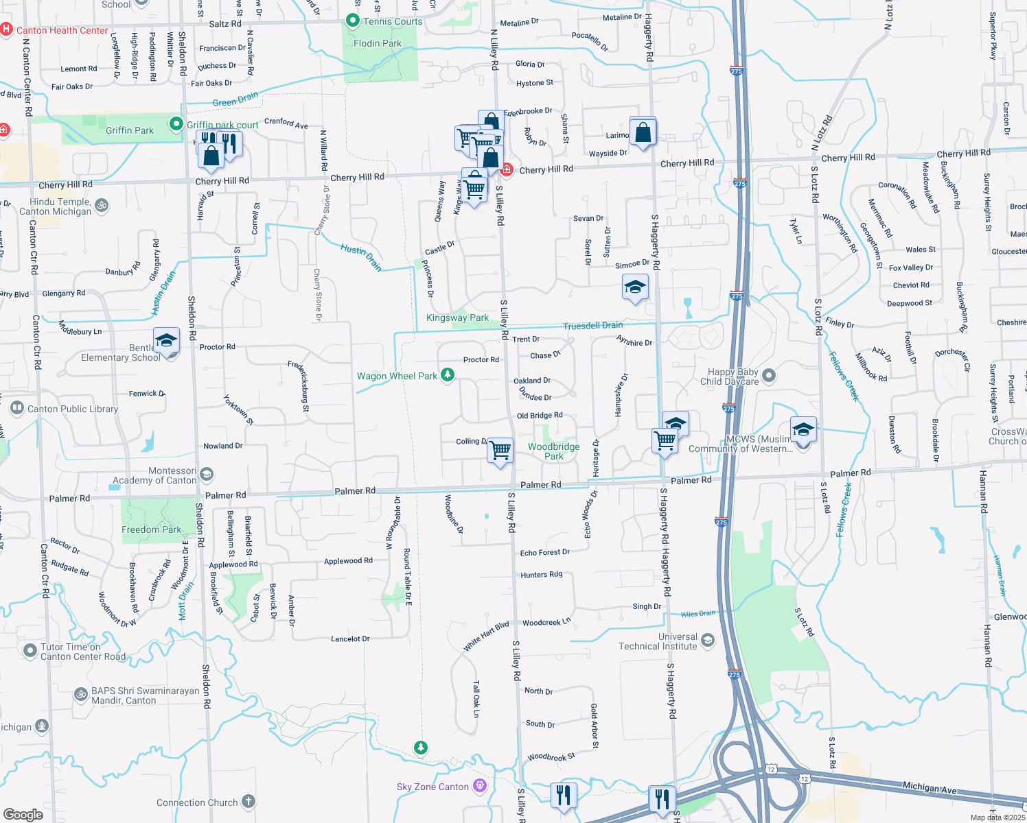 map of restaurants, bars, coffee shops, grocery stores, and more near 42086 Old Bridge Rd in Canton
