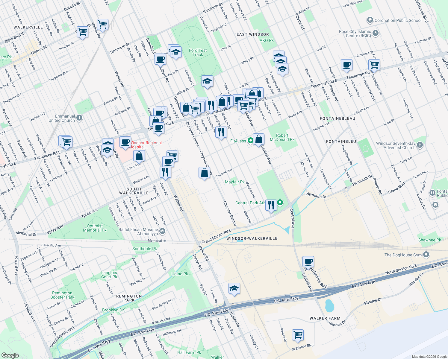 map of restaurants, bars, coffee shops, grocery stores, and more near 2528 Cadillac Street in Windsor
