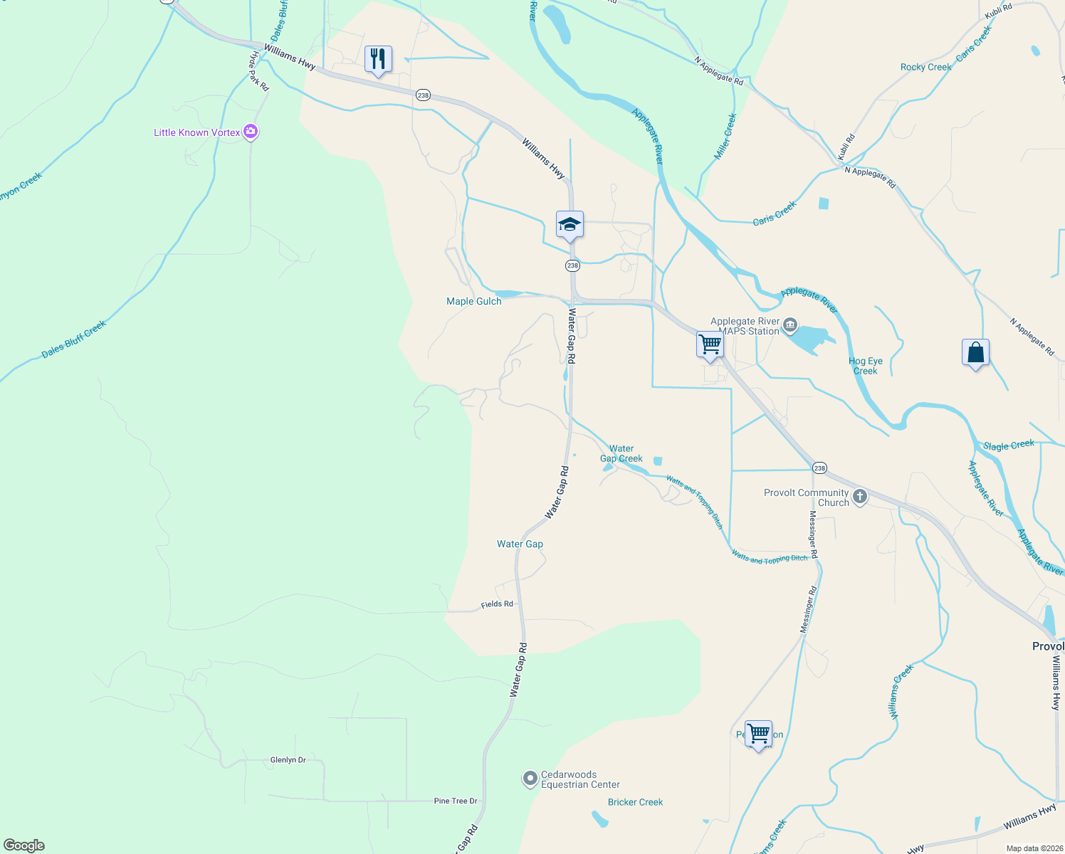map of restaurants, bars, coffee shops, grocery stores, and more near 355 Woody Acres Drive in Williams