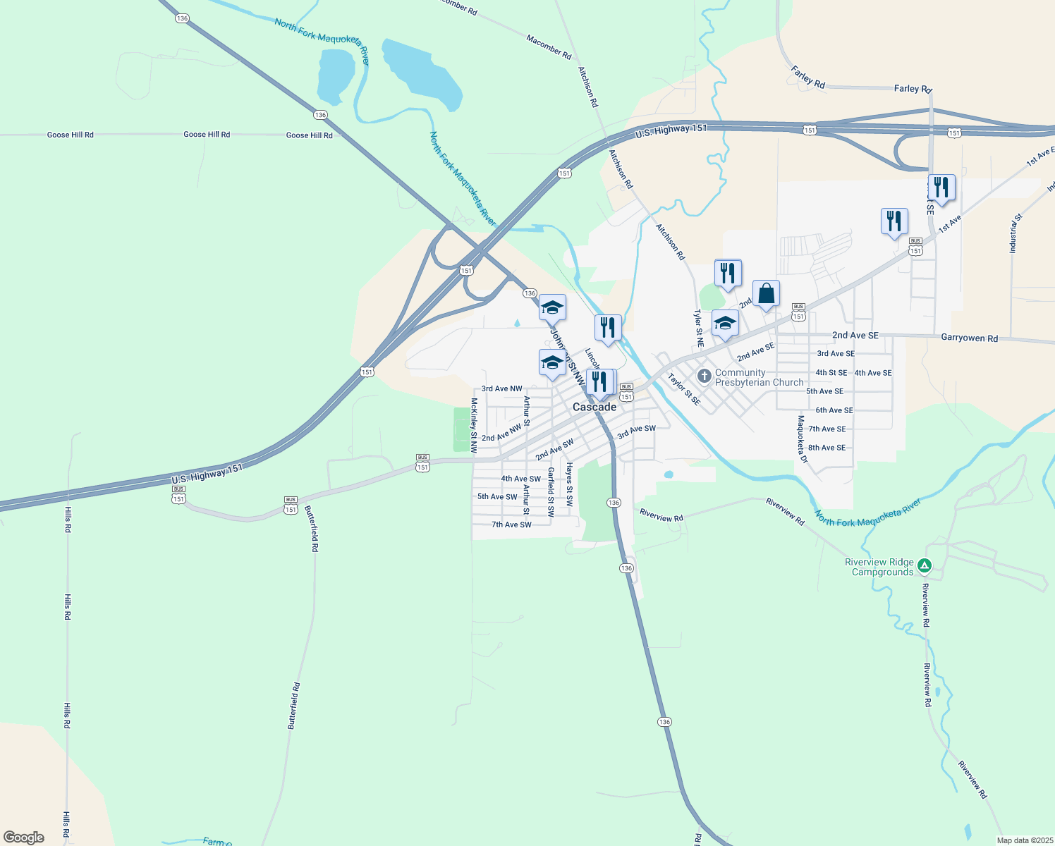 map of restaurants, bars, coffee shops, grocery stores, and more near 199 Arthur Street Southwest in Cascade