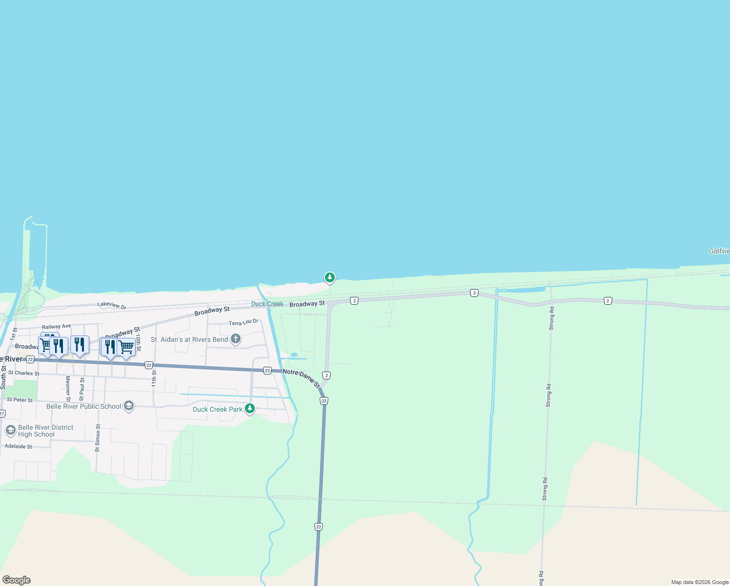 map of restaurants, bars, coffee shops, grocery stores, and more near 425 Charron Beach Road in Lakeshore