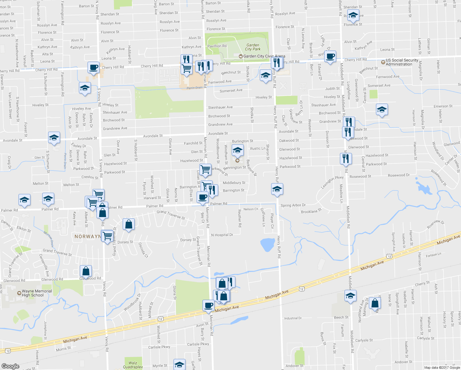 map of restaurants, bars, coffee shops, grocery stores, and more near 30857 Middlebury Street in Westland