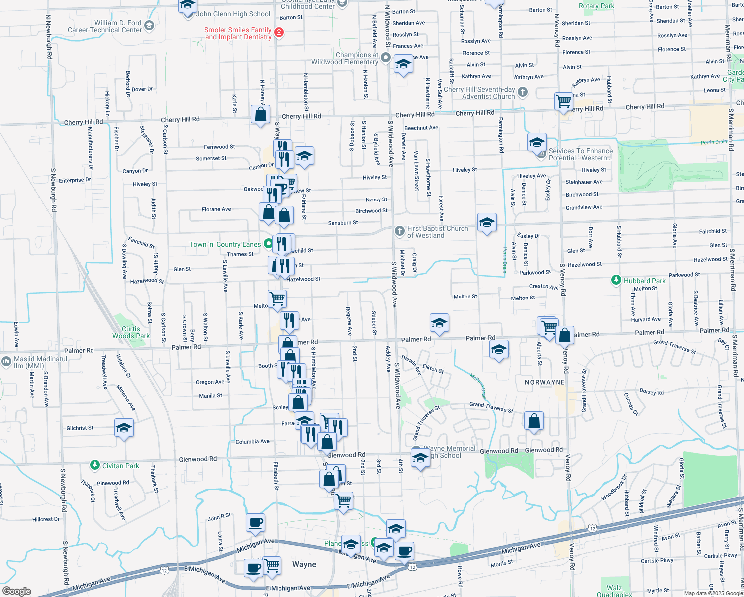 map of restaurants, bars, coffee shops, grocery stores, and more near 1591 Susan St in Westland