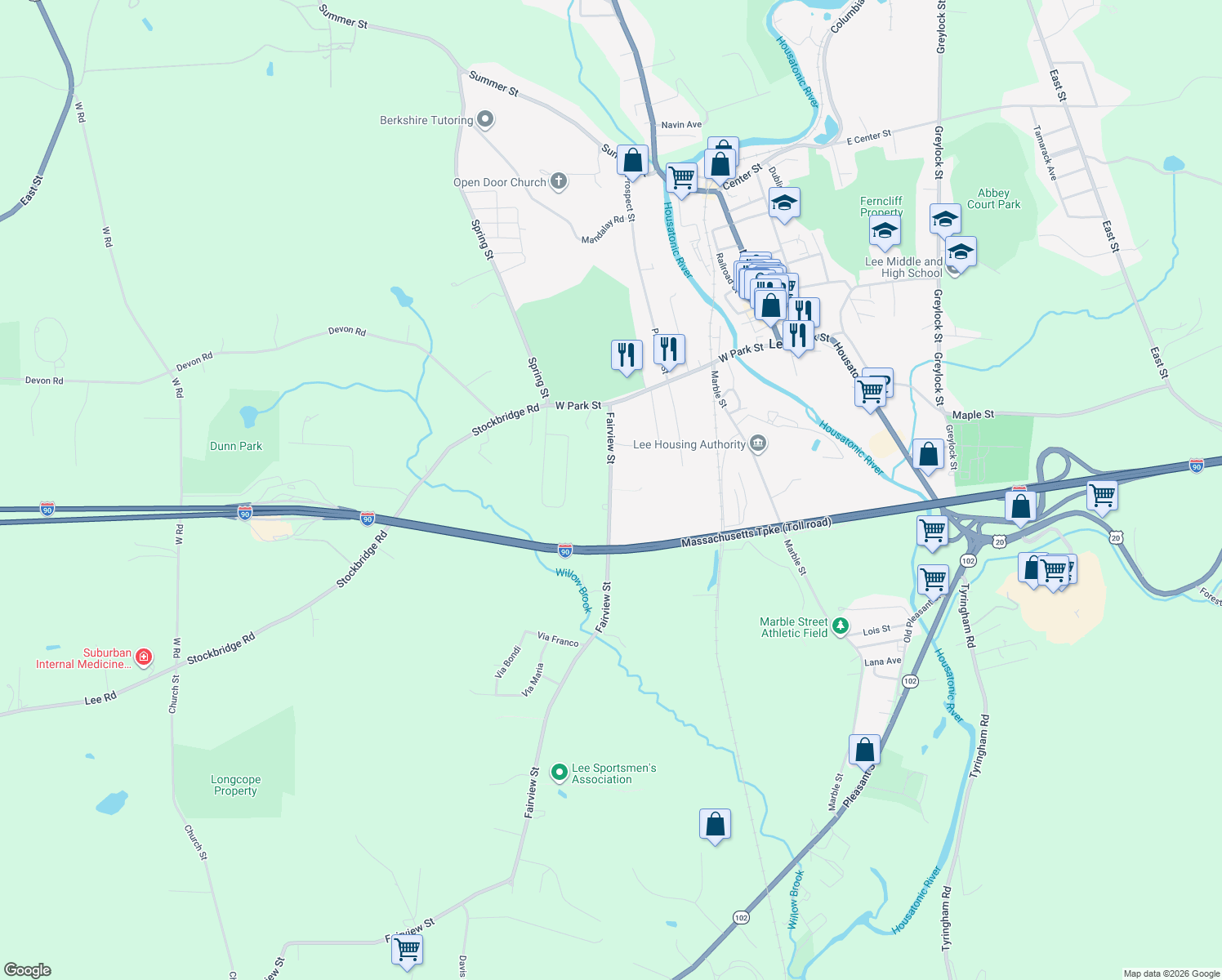 map of restaurants, bars, coffee shops, grocery stores, and more near 113 Fairview Street in Lee