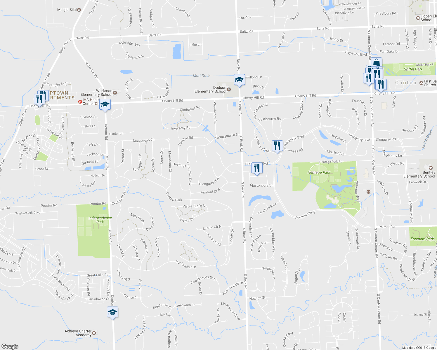 map of restaurants, bars, coffee shops, grocery stores, and more near 525 Delaford Court in Canton