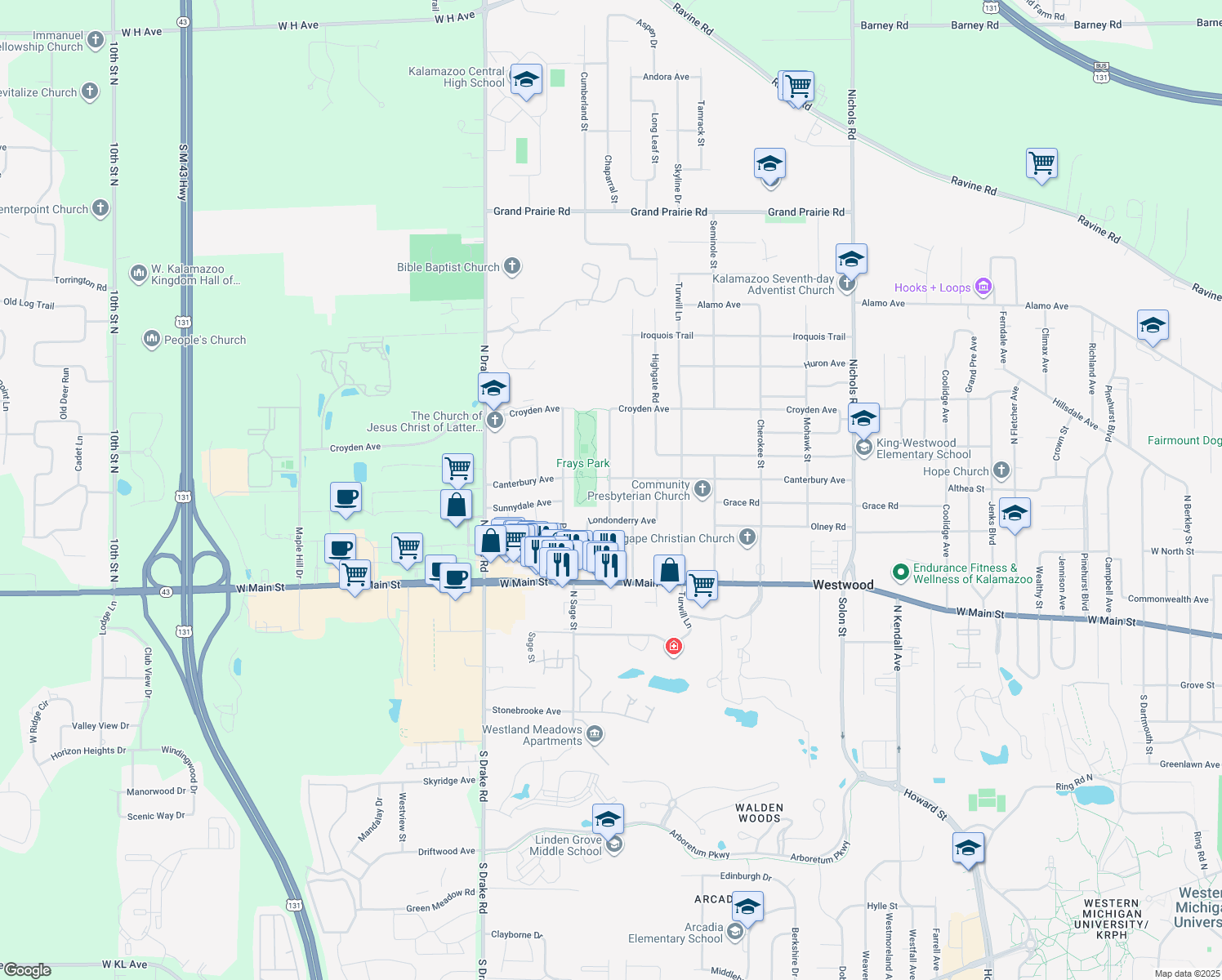 map of restaurants, bars, coffee shops, grocery stores, and more near 822 Stafford Road in Kalamazoo