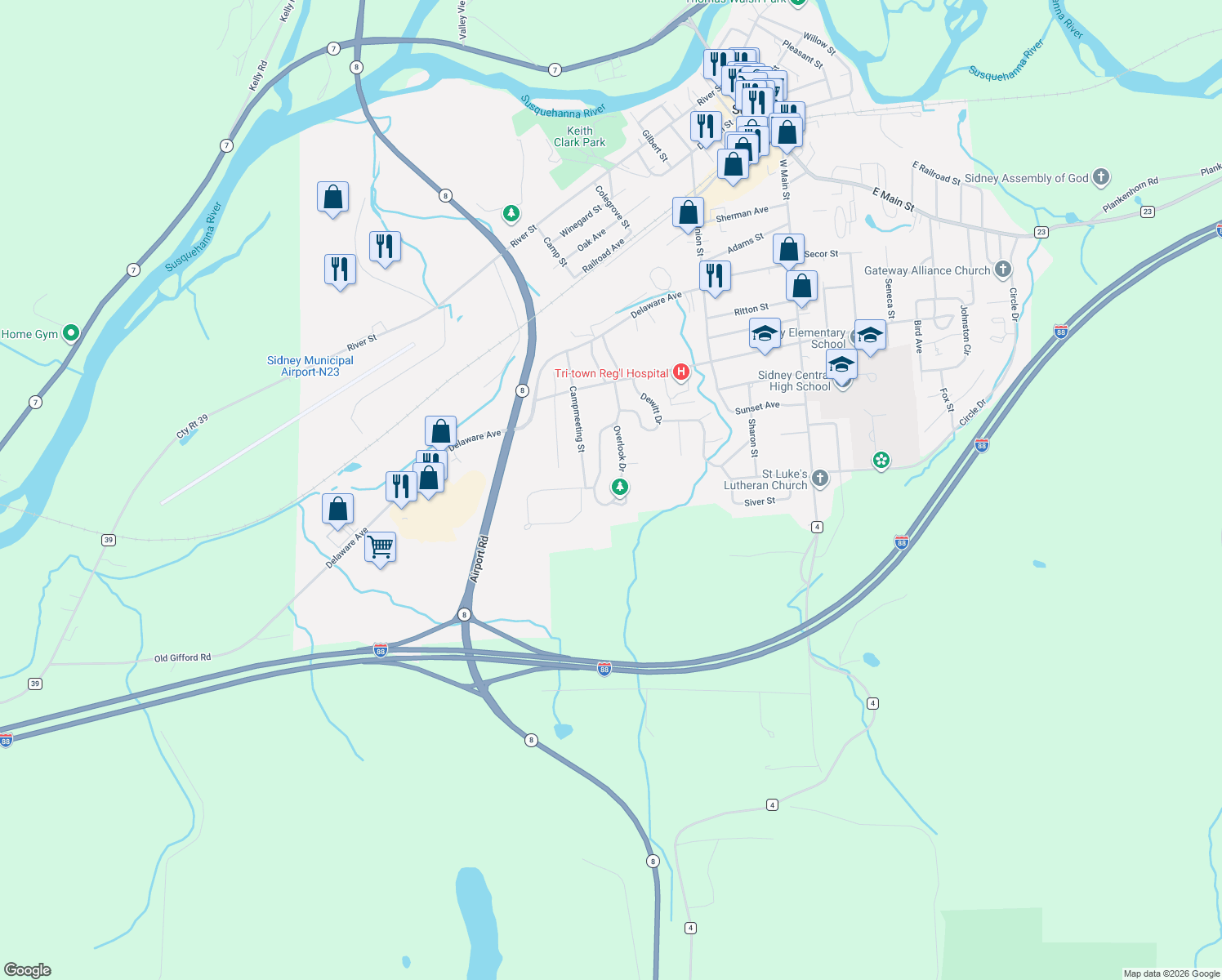 map of restaurants, bars, coffee shops, grocery stores, and more near 38 Overlook Dr in Sidney