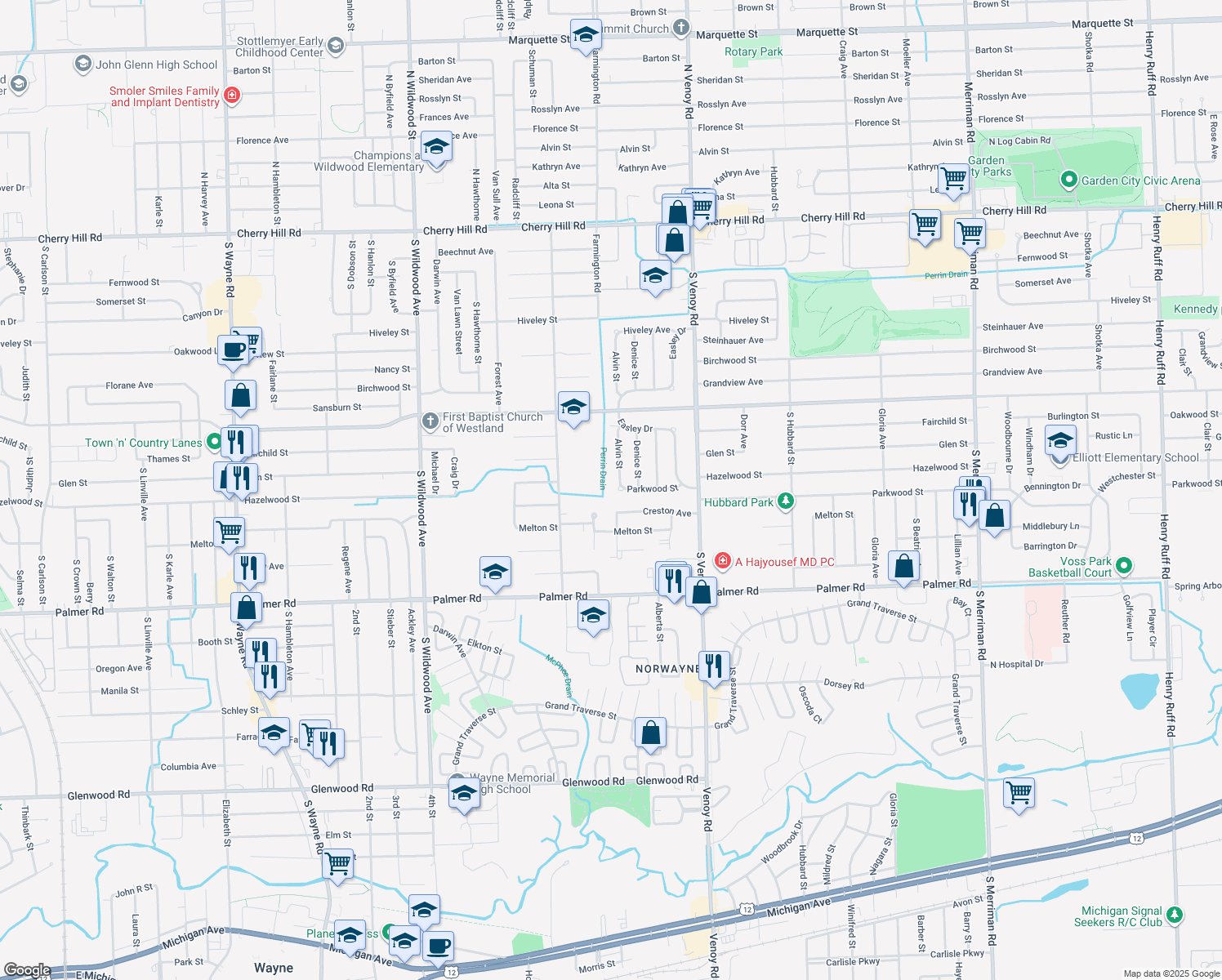 map of restaurants, bars, coffee shops, grocery stores, and more near 1342 Alvin St in Westland