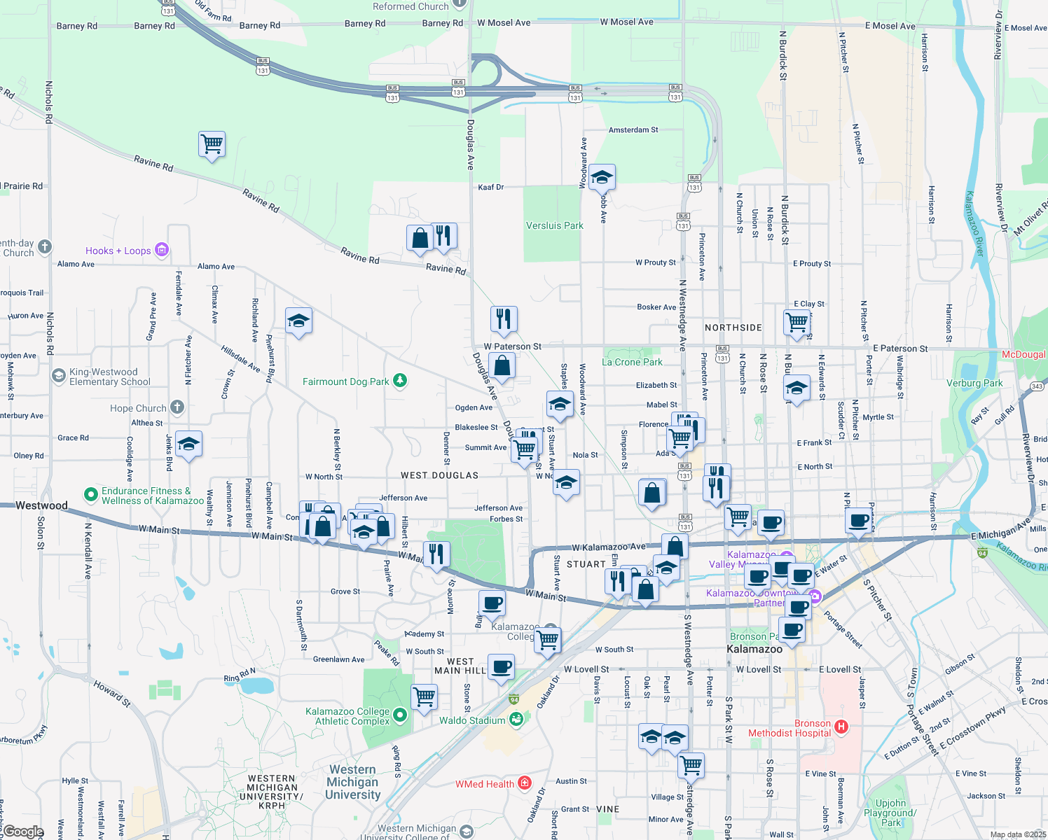 map of restaurants, bars, coffee shops, grocery stores, and more near 1105 Mason Street in Kalamazoo