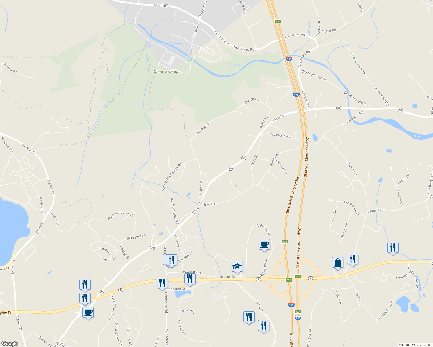 map of restaurants, bars, coffee shops, grocery stores, and more near 266 East Main Street in Westborough