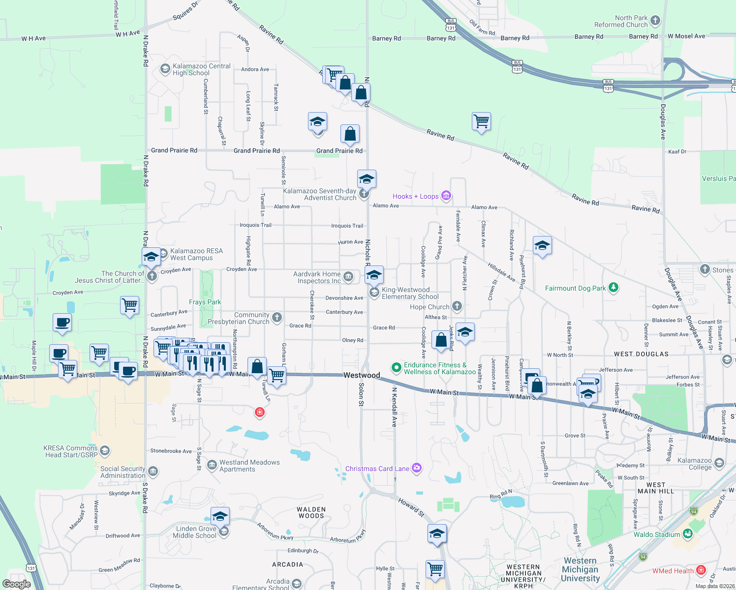 map of restaurants, bars, coffee shops, grocery stores, and more near 1027 Nichols Road in Kalamazoo