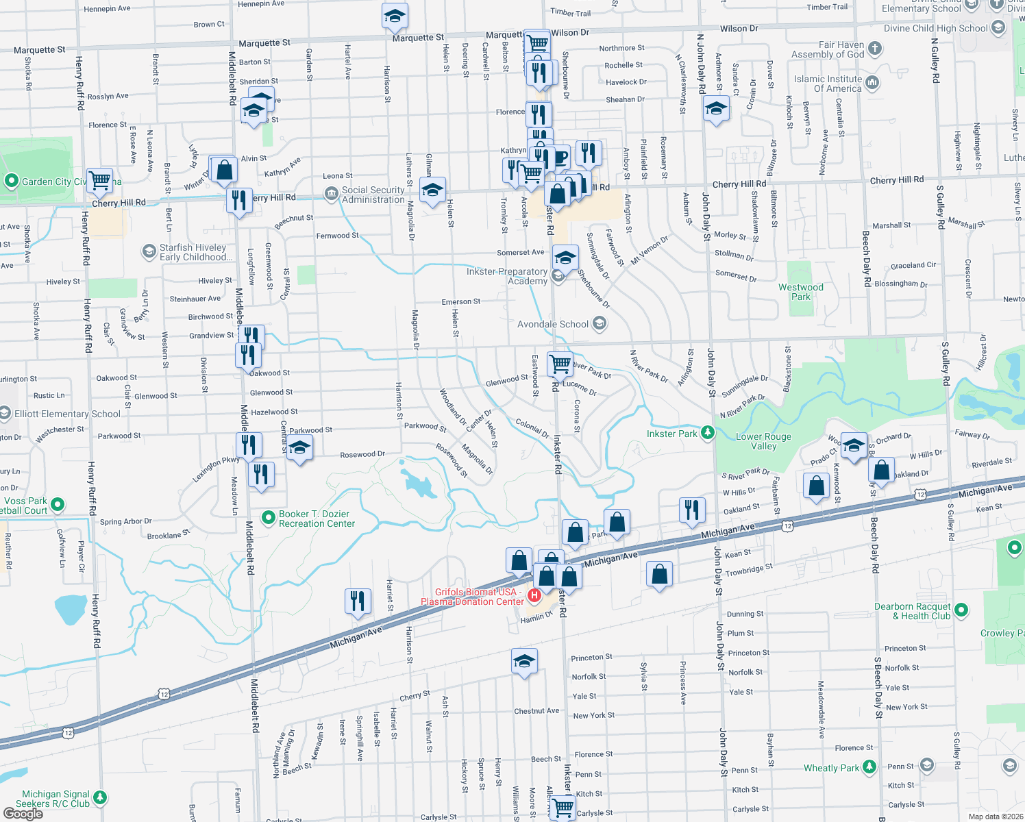 map of restaurants, bars, coffee shops, grocery stores, and more near 1357 Colonial Drive in Inkster