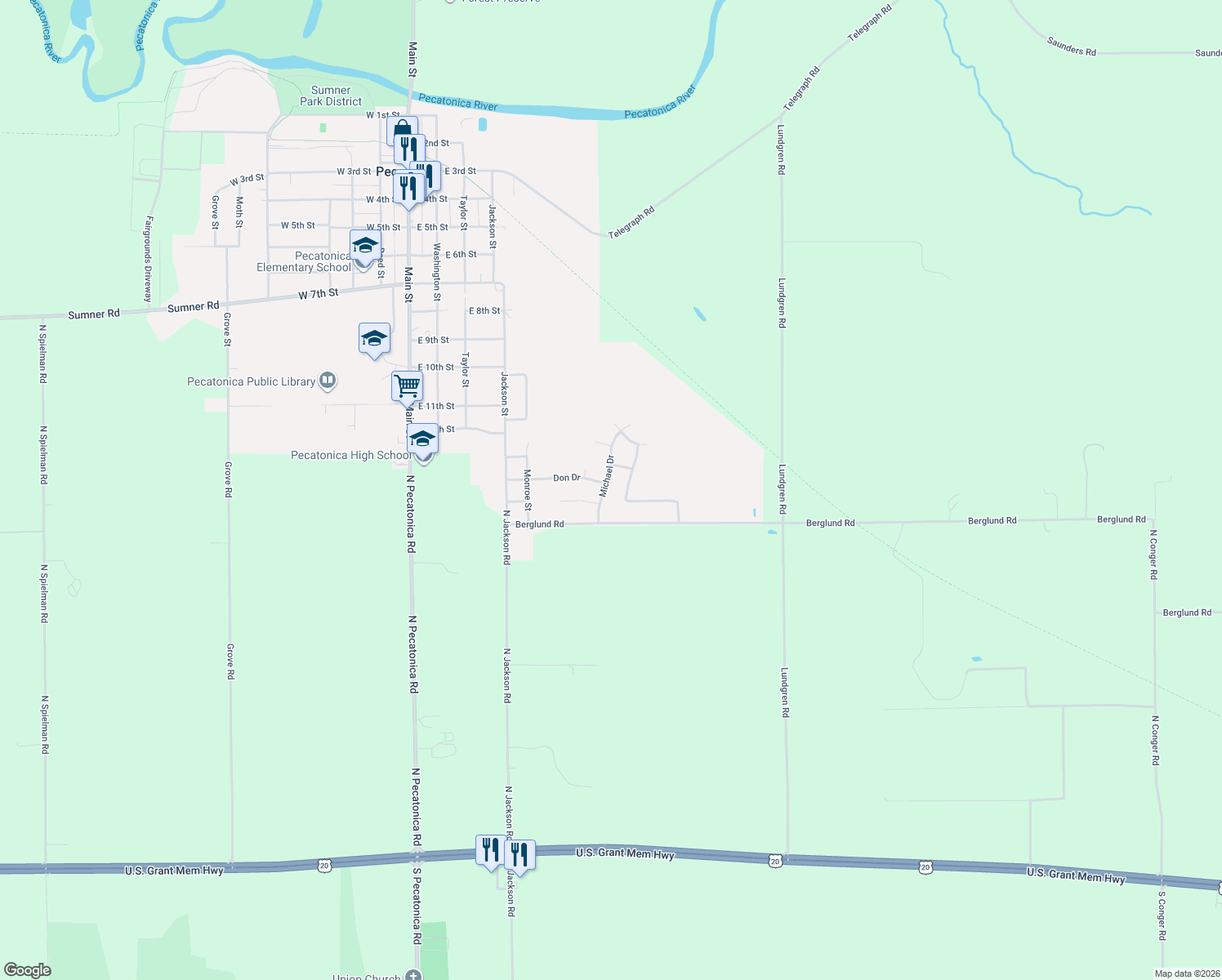 map of restaurants, bars, coffee shops, grocery stores, and more near 1420 Michael Drive in Pecatonica
