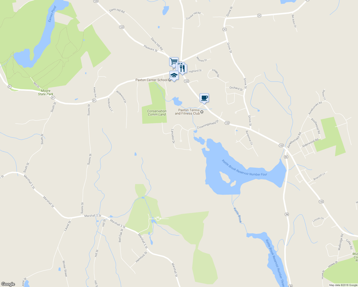 map of restaurants, bars, coffee shops, grocery stores, and more near 6 Sherbrooke Drive in Paxton