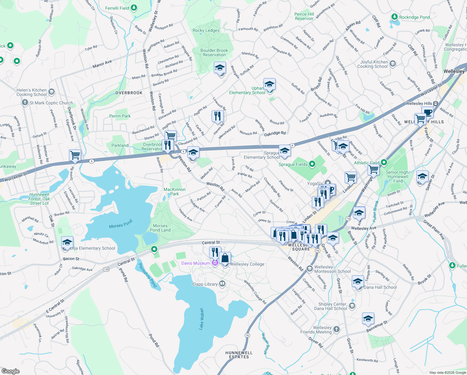 map of restaurants, bars, coffee shops, grocery stores, and more near 51 Avon Road in Wellesley