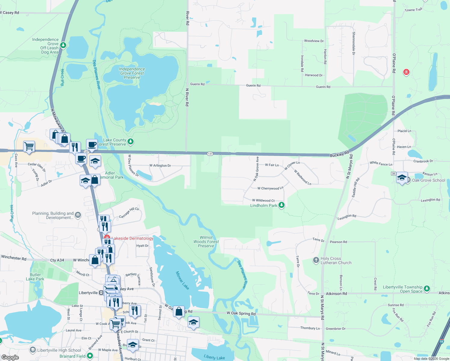 map of restaurants, bars, coffee shops, grocery stores, and more near 15725 West Idlewood Lane in Libertyville
