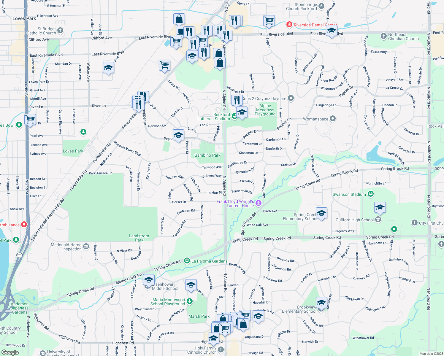 map of restaurants, bars, coffee shops, grocery stores, and more near 4421 Saint Annes Way in Rockford