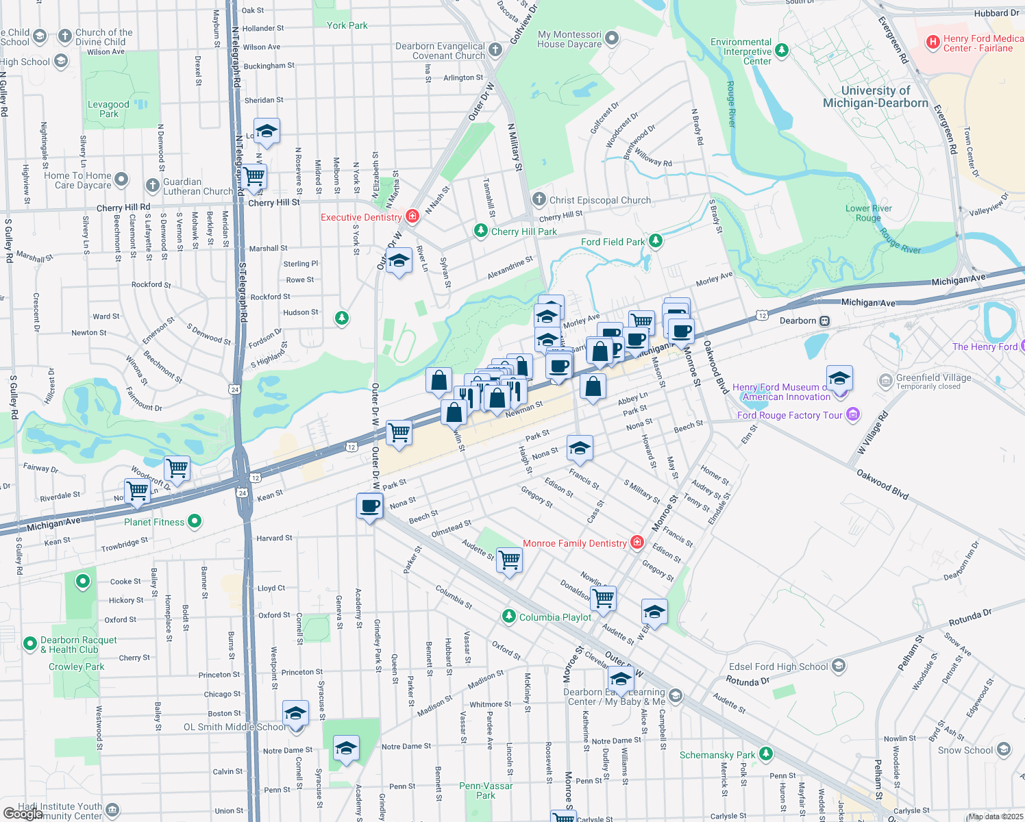 map of restaurants, bars, coffee shops, grocery stores, and more near 22680 Newman St in Dearborn