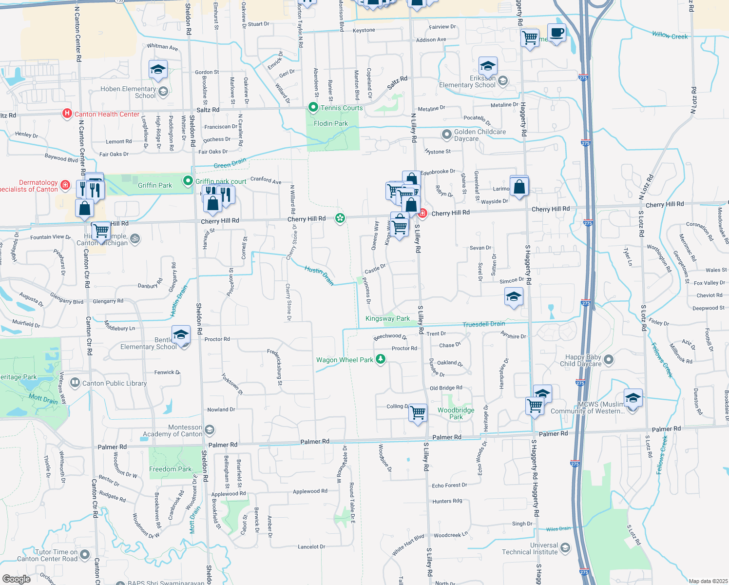 map of restaurants, bars, coffee shops, grocery stores, and more near 658 Princess Drive in Canton