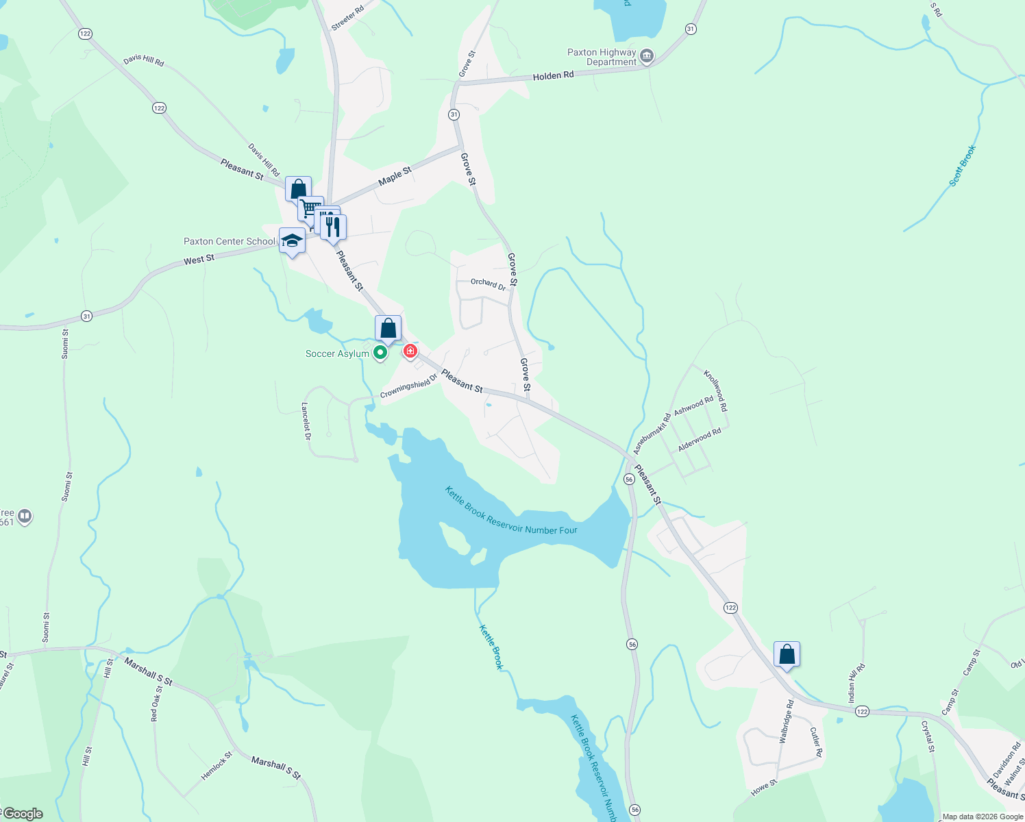 map of restaurants, bars, coffee shops, grocery stores, and more near 4 Burtenmar Circle in Paxton