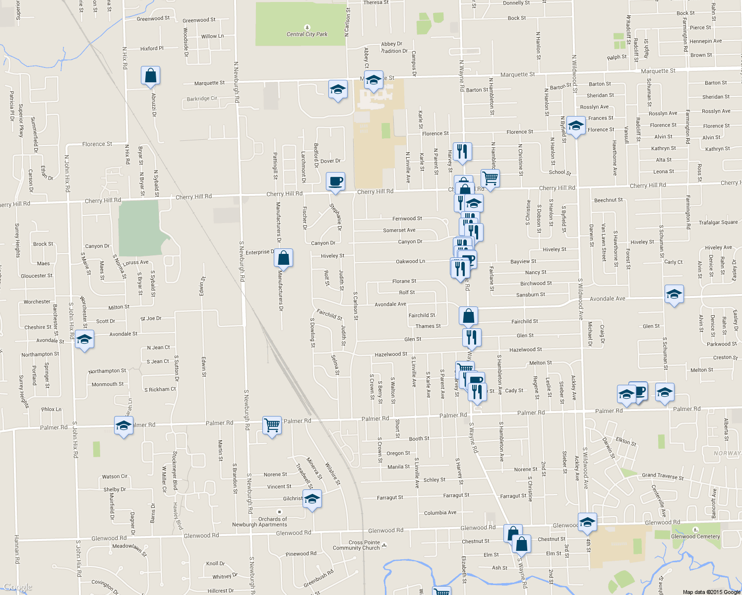 map of restaurants, bars, coffee shops, grocery stores, and more near 36245 Florane Street in Westland
