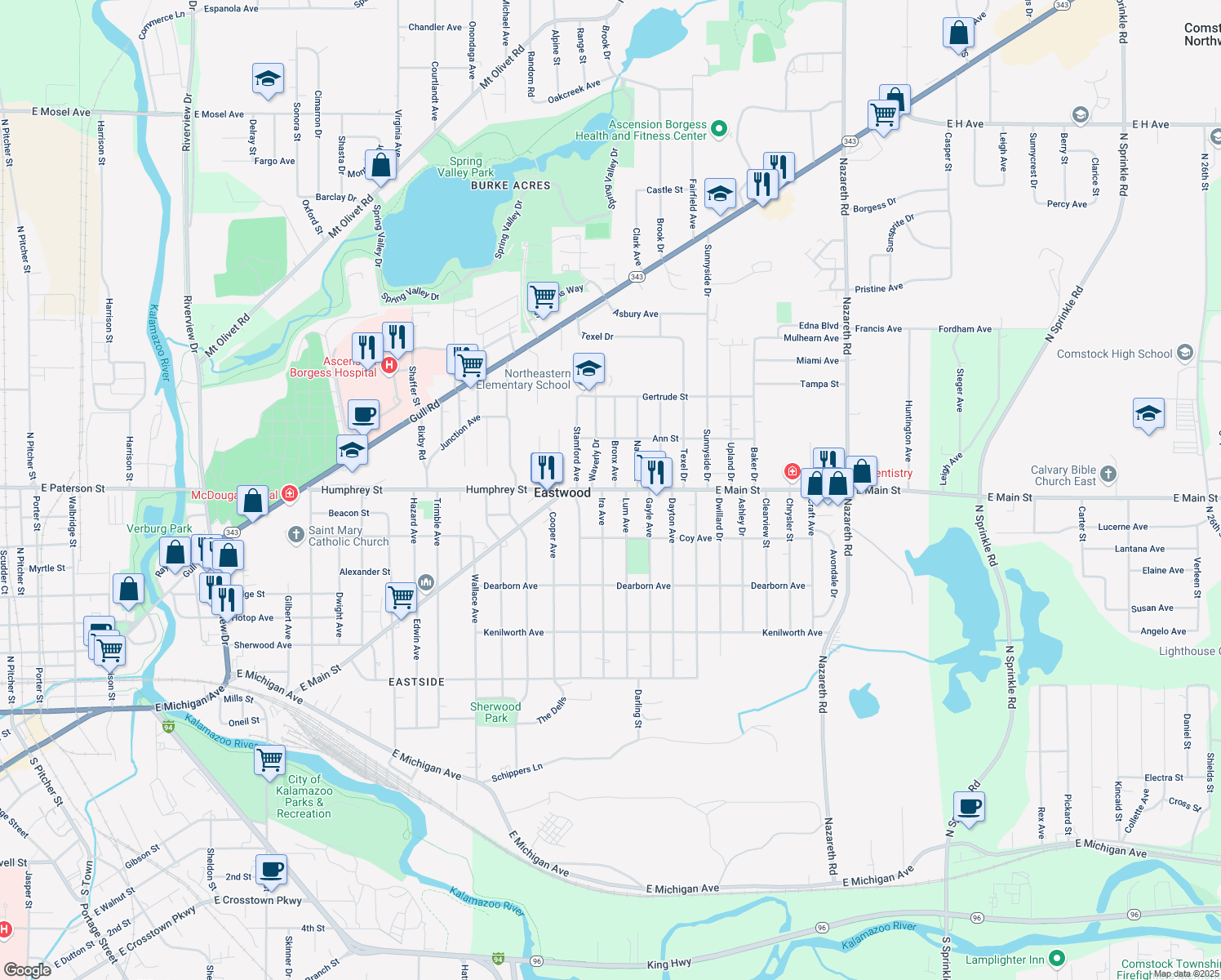 map of restaurants, bars, coffee shops, grocery stores, and more near 2528 East Main Street in Kalamazoo