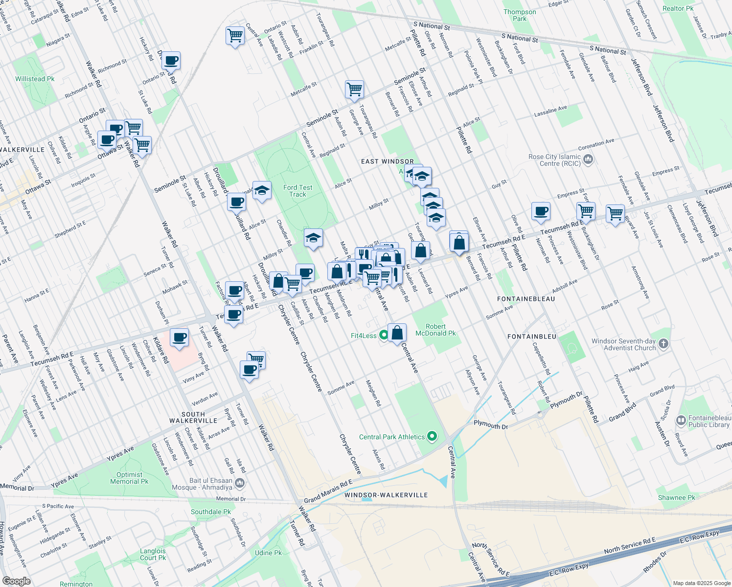 map of restaurants, bars, coffee shops, grocery stores, and more near 3450 Ypres Avenue in Windsor
