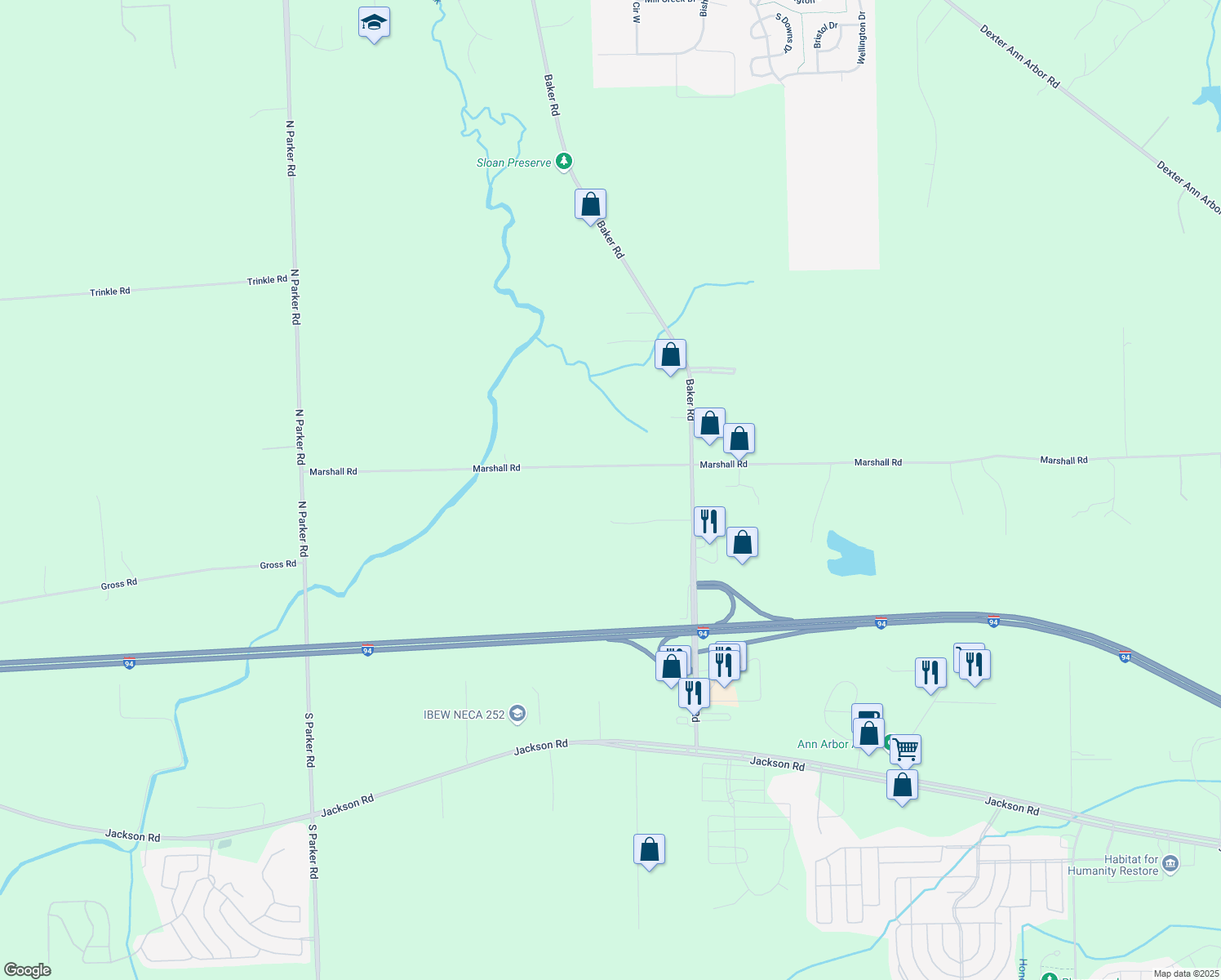 map of restaurants, bars, coffee shops, grocery stores, and more near 7673 Marshall Rd in Dexter