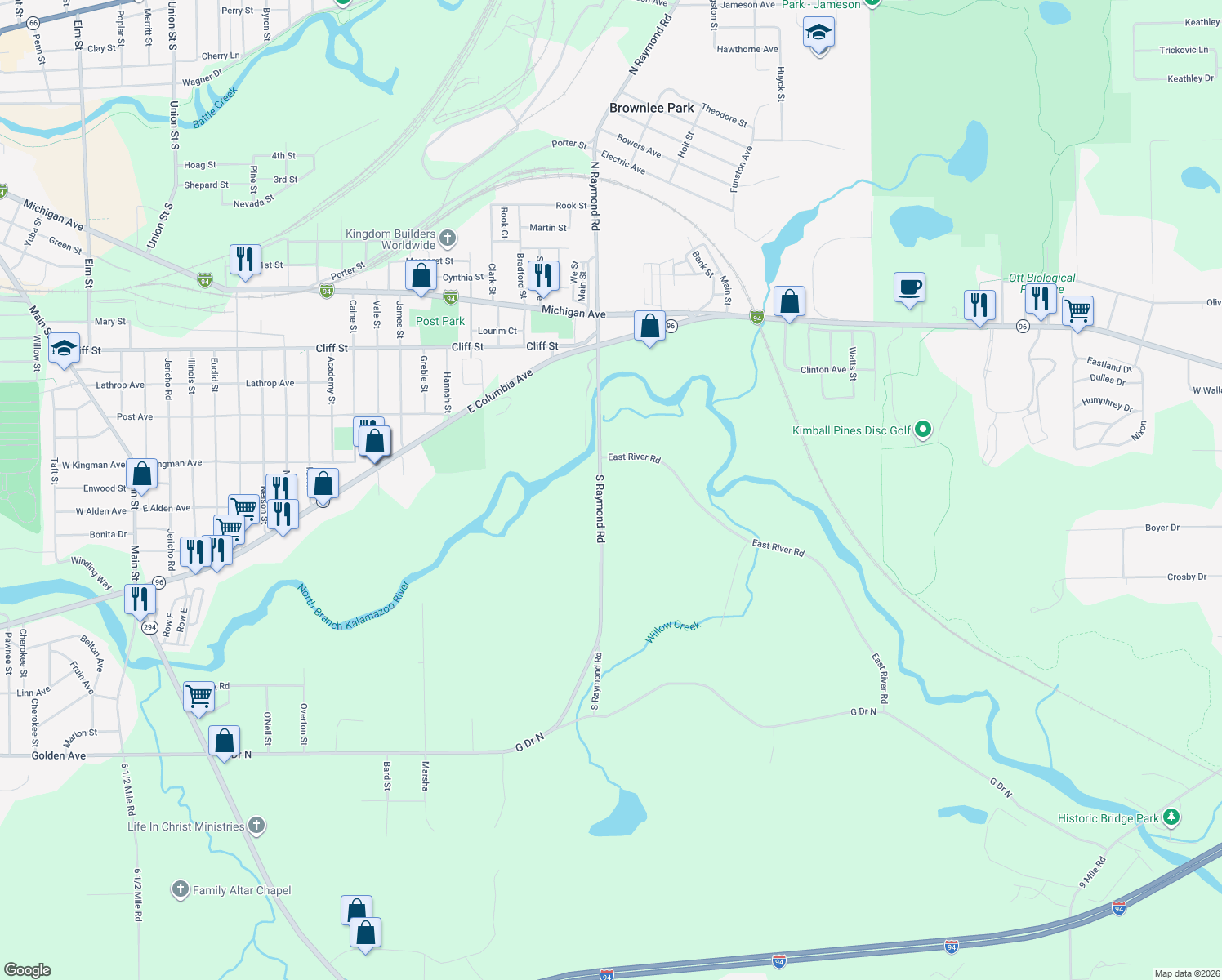 map of restaurants, bars, coffee shops, grocery stores, and more near 847 South Raymond Road in Battle Creek