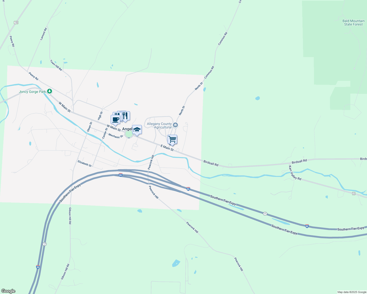 map of restaurants, bars, coffee shops, grocery stores, and more near 17 Golden Acres Drive in Angelica