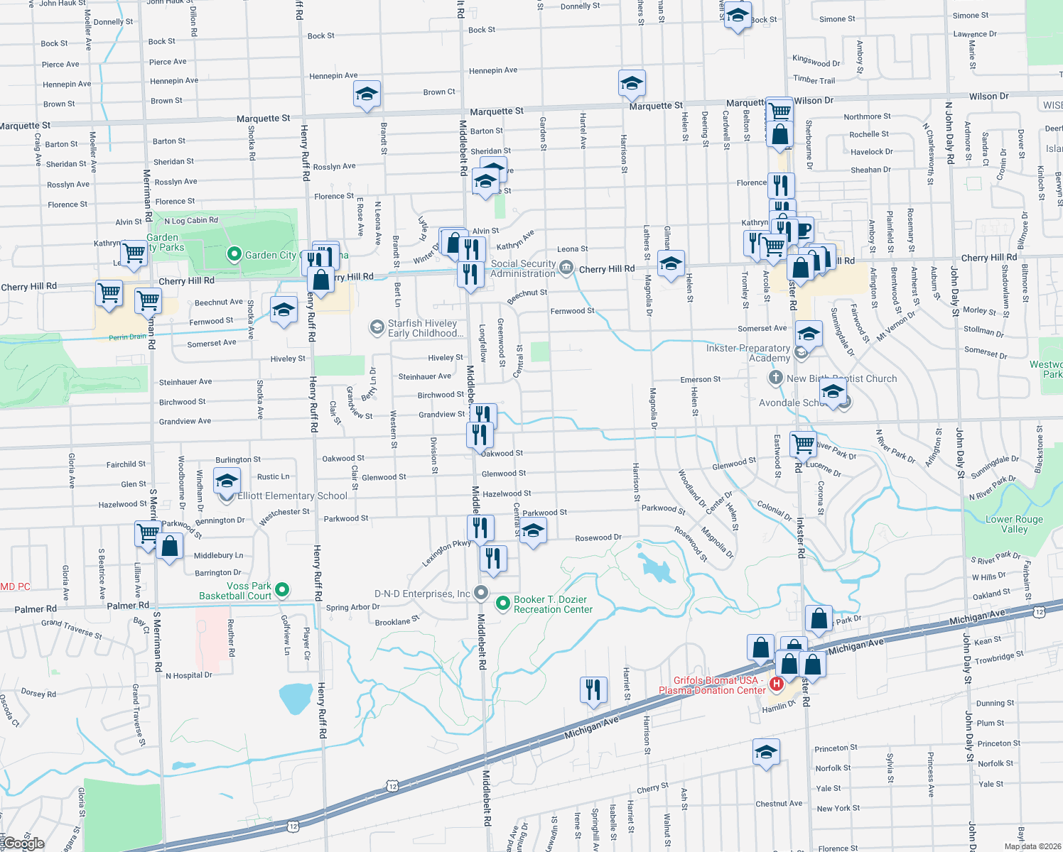 map of restaurants, bars, coffee shops, grocery stores, and more near 28988 Avondale Street in Inkster