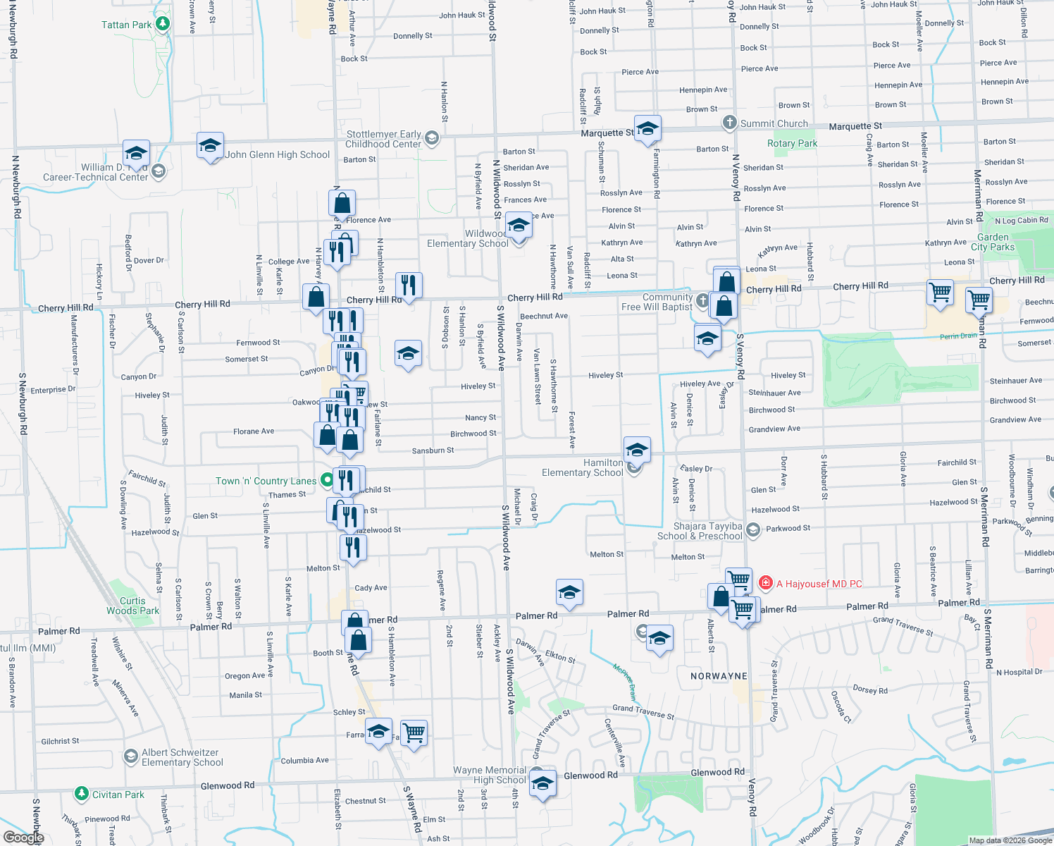 map of restaurants, bars, coffee shops, grocery stores, and more near 757 Darwin Street in Westland