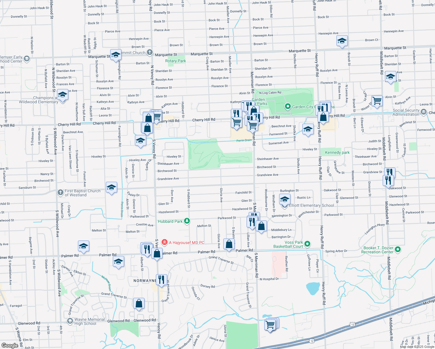 map of restaurants, bars, coffee shops, grocery stores, and more near 32030 Grandview in Westland