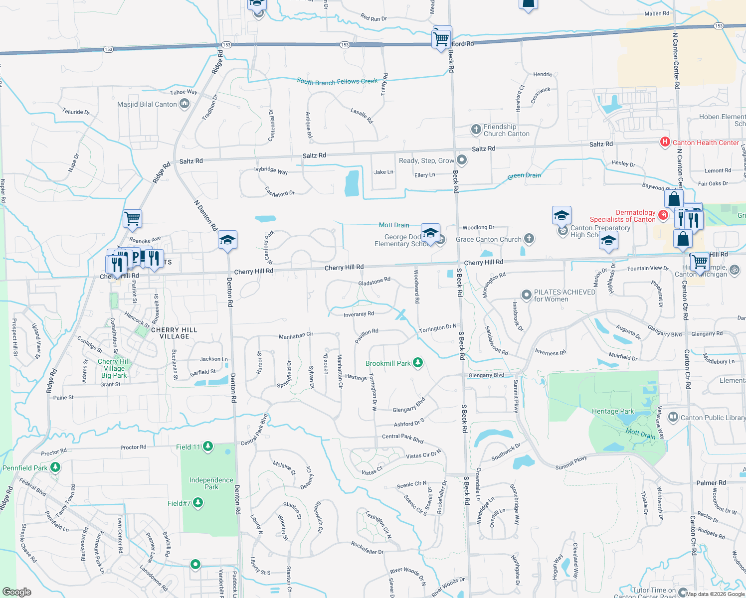 map of restaurants, bars, coffee shops, grocery stores, and more near 206 Alexandria Court in Canton