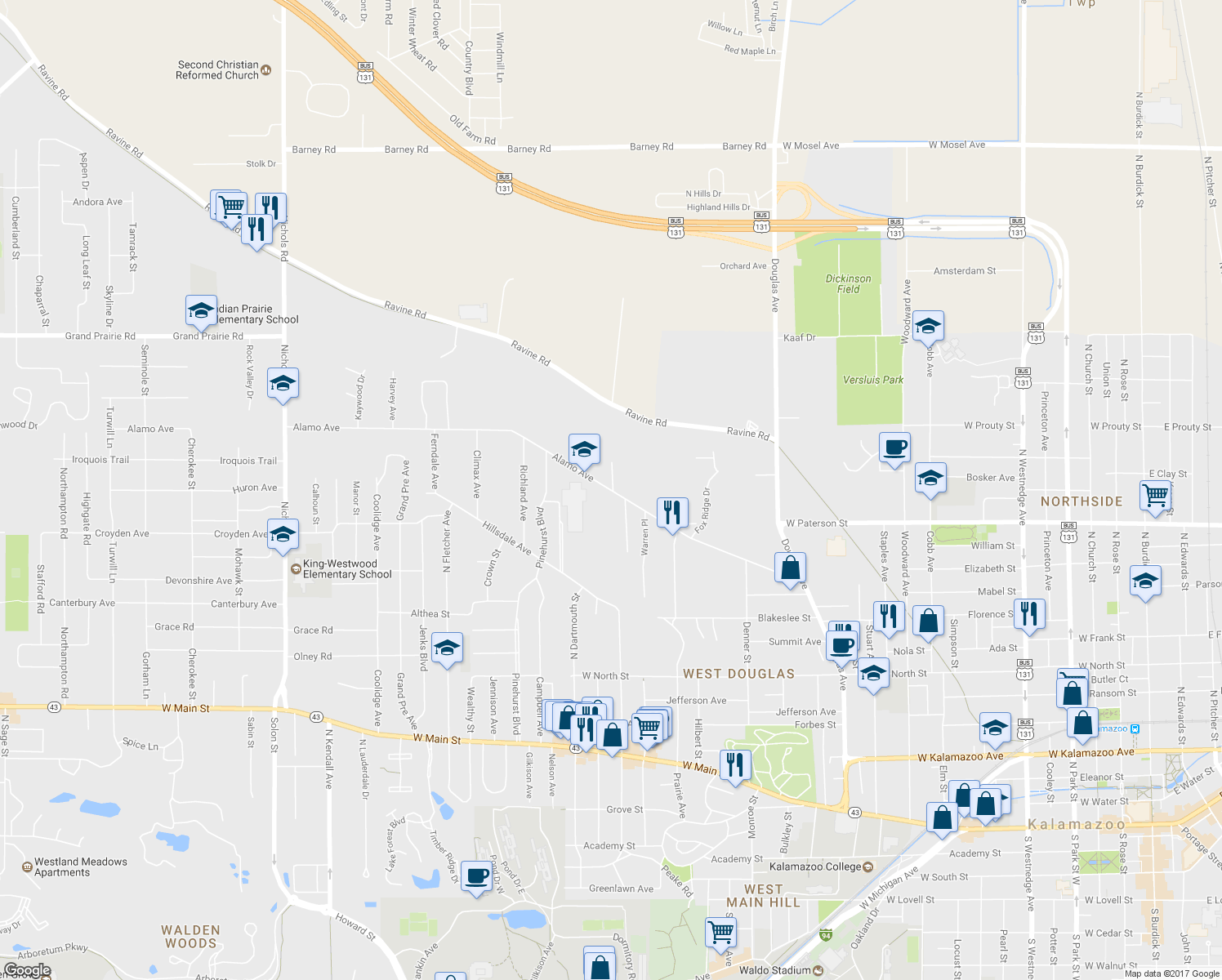 map of restaurants, bars, coffee shops, grocery stores, and more near 1808 Alamo Avenue in Kalamazoo