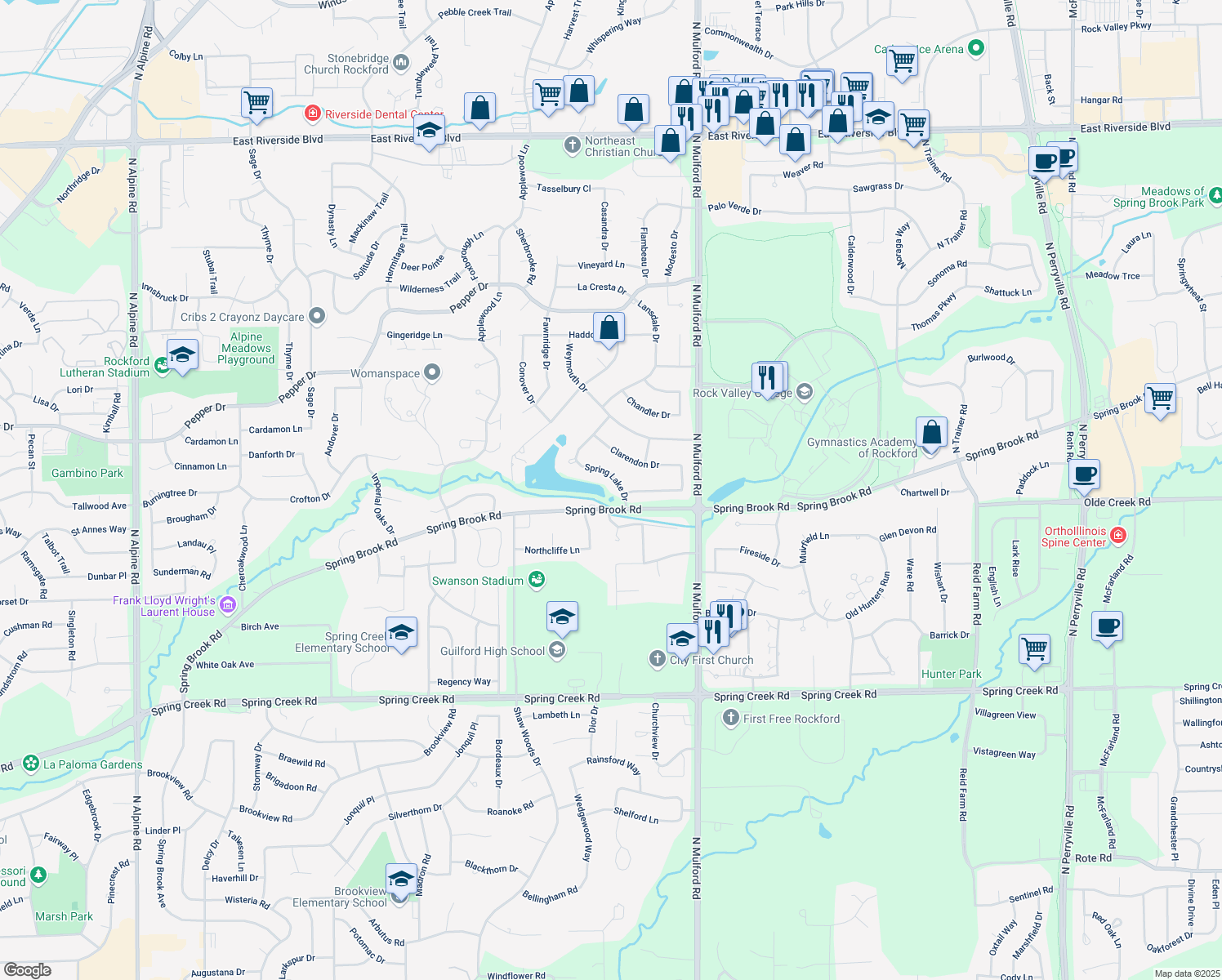 map of restaurants, bars, coffee shops, grocery stores, and more near 3040 Spring Lake Drive in Rockford