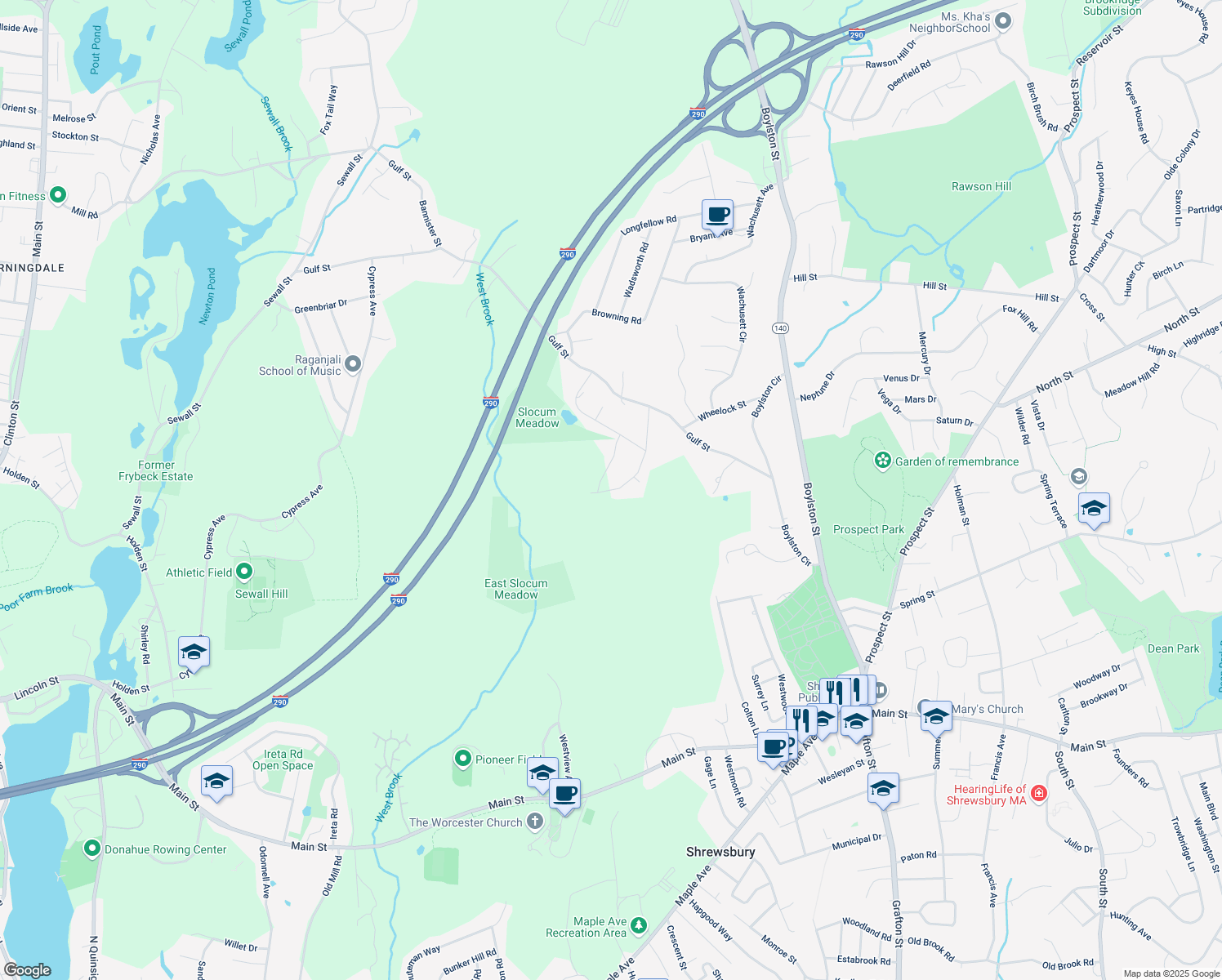 map of restaurants, bars, coffee shops, grocery stores, and more near 20 Slocum Meadow Lane in Shrewsbury